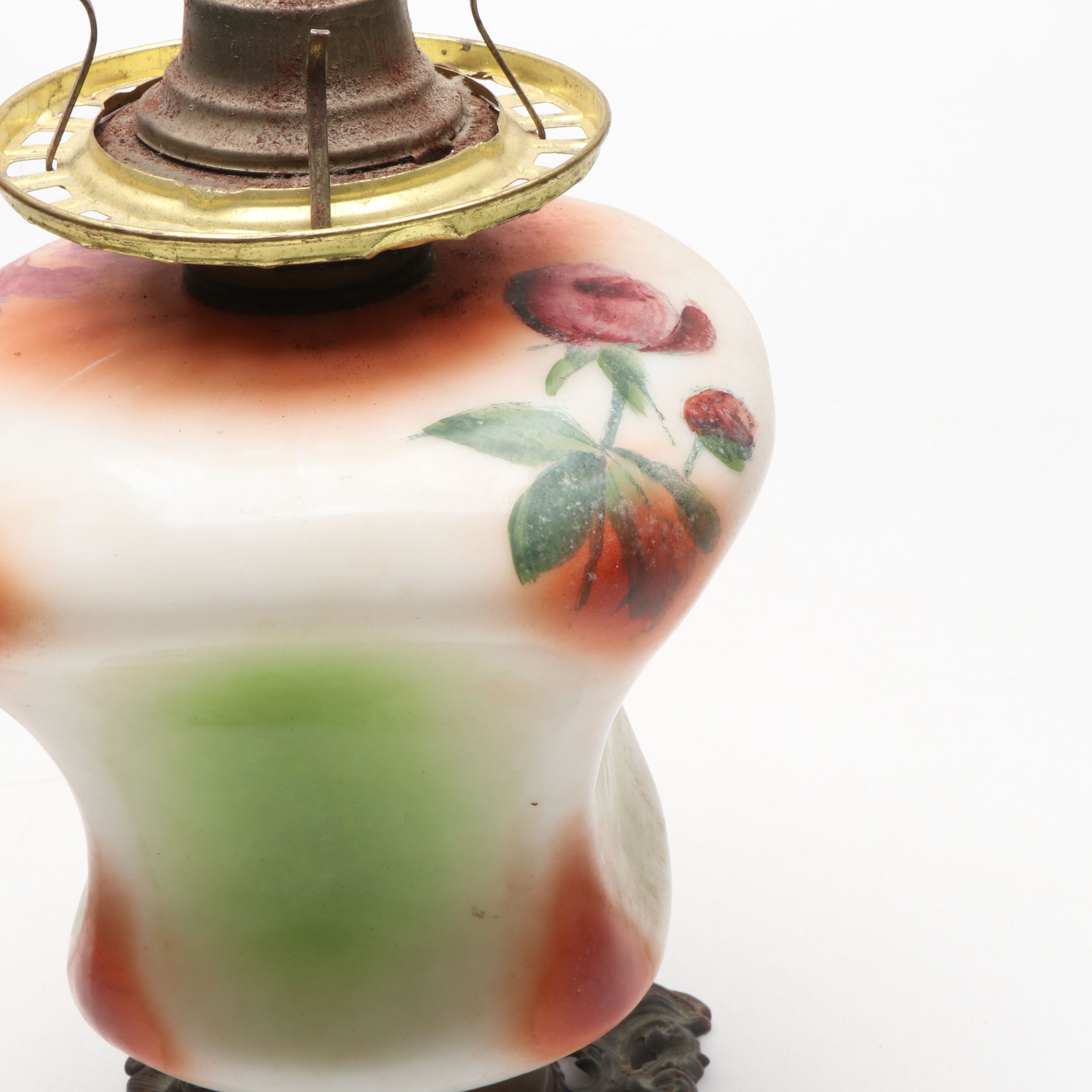 Hand-Painted Milk Glass Kerosene Parlor Lamp, Early 20th Century
