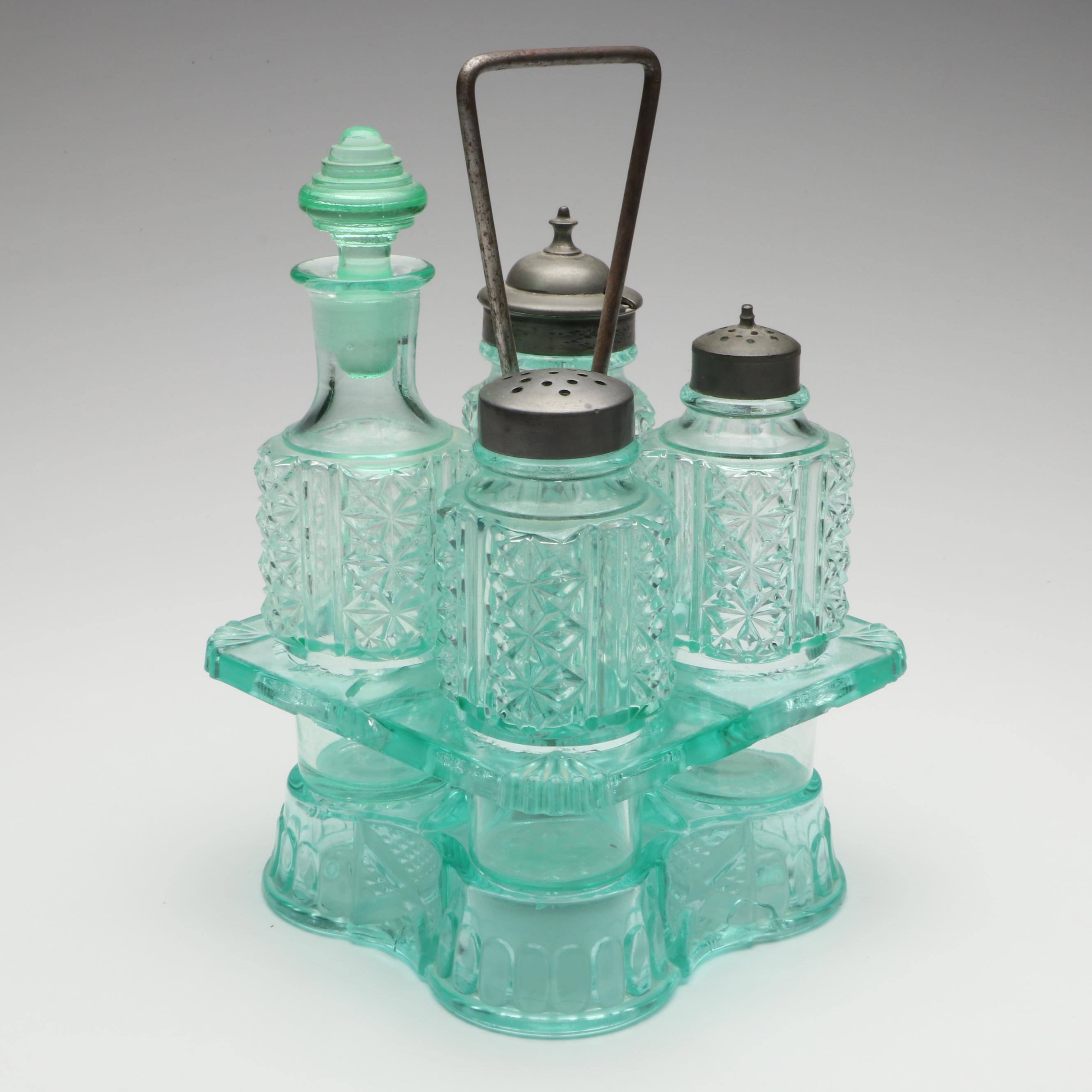 Adams & Co. Blue Uranium Glass Castor Set with Anchor Hocking and More Glass