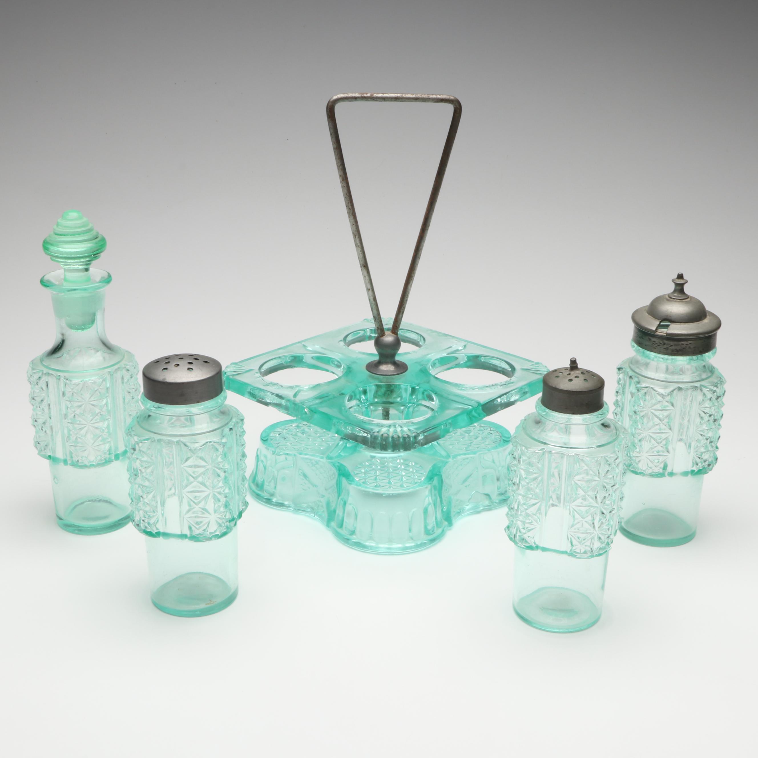 Adams & Co. Blue Uranium Glass Castor Set with Anchor Hocking and More Glass