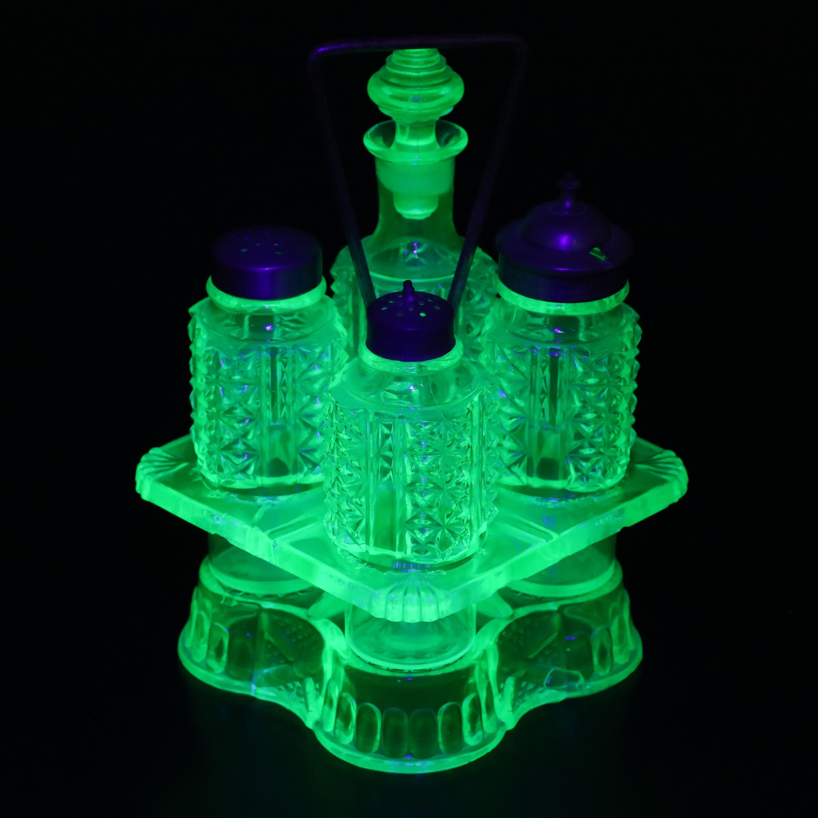 Adams & Co. Blue Uranium Glass Castor Set with Anchor Hocking and More Glass