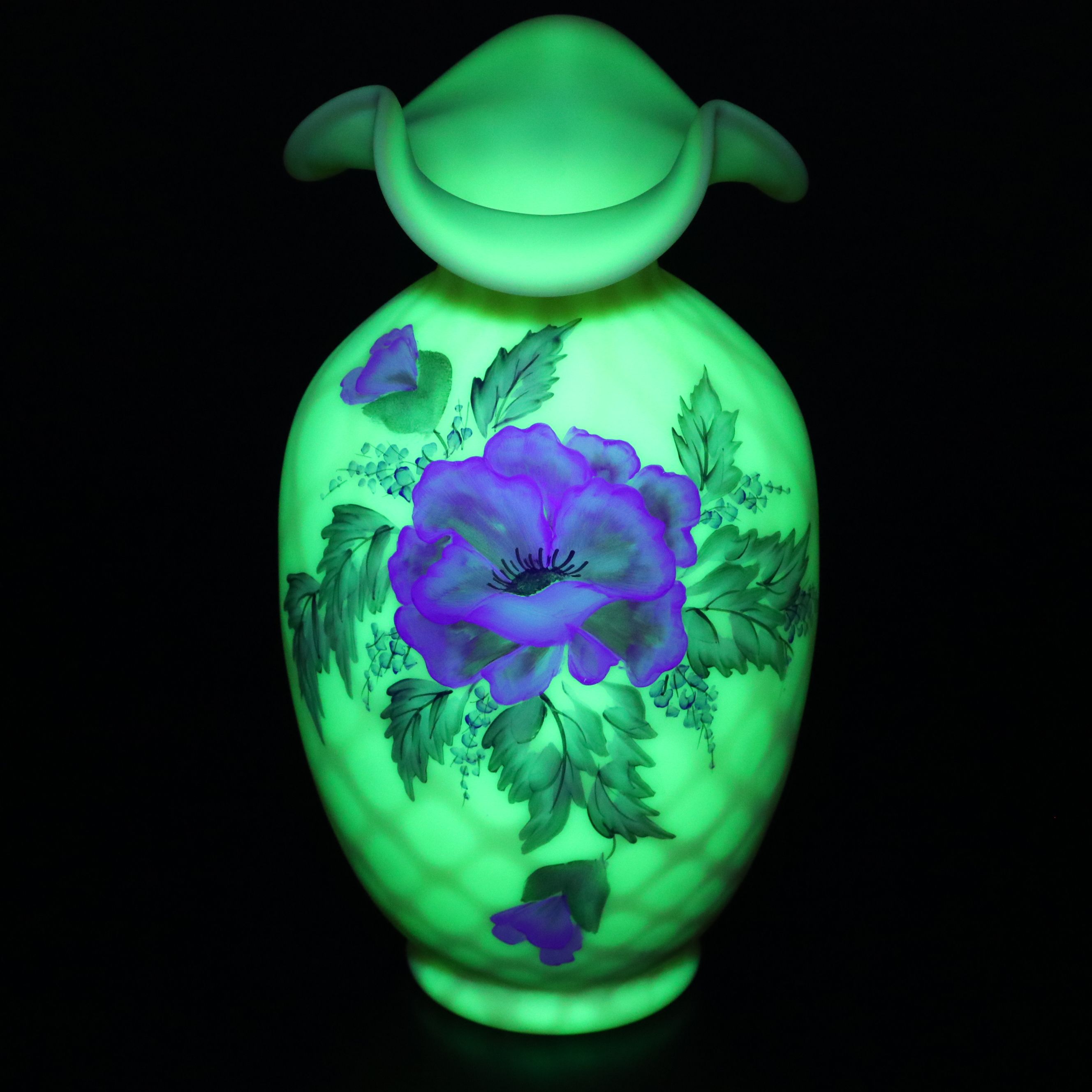 Fenton Hand-Painted Uranium Glass with Other Ruffle Edge Vases