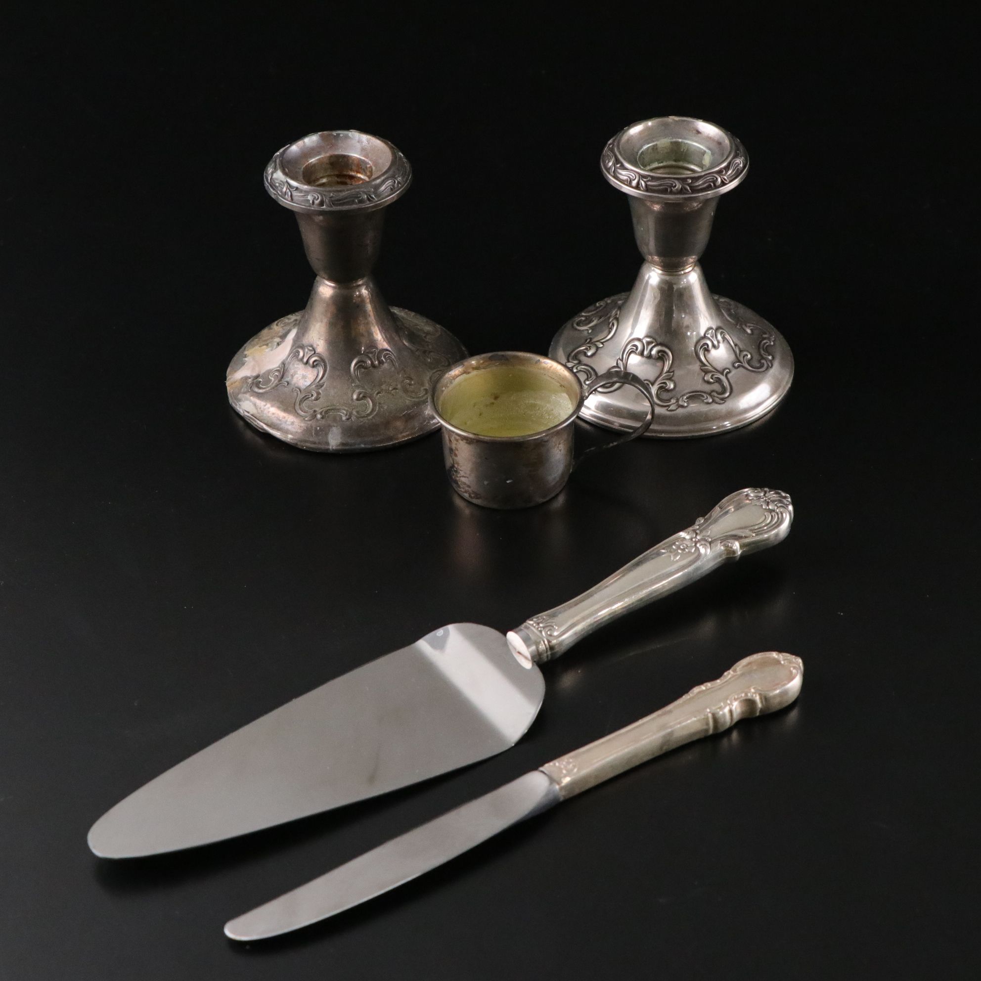 Weighted Sterling Candlesticks with Pie Server, Knife, and Child's Cup