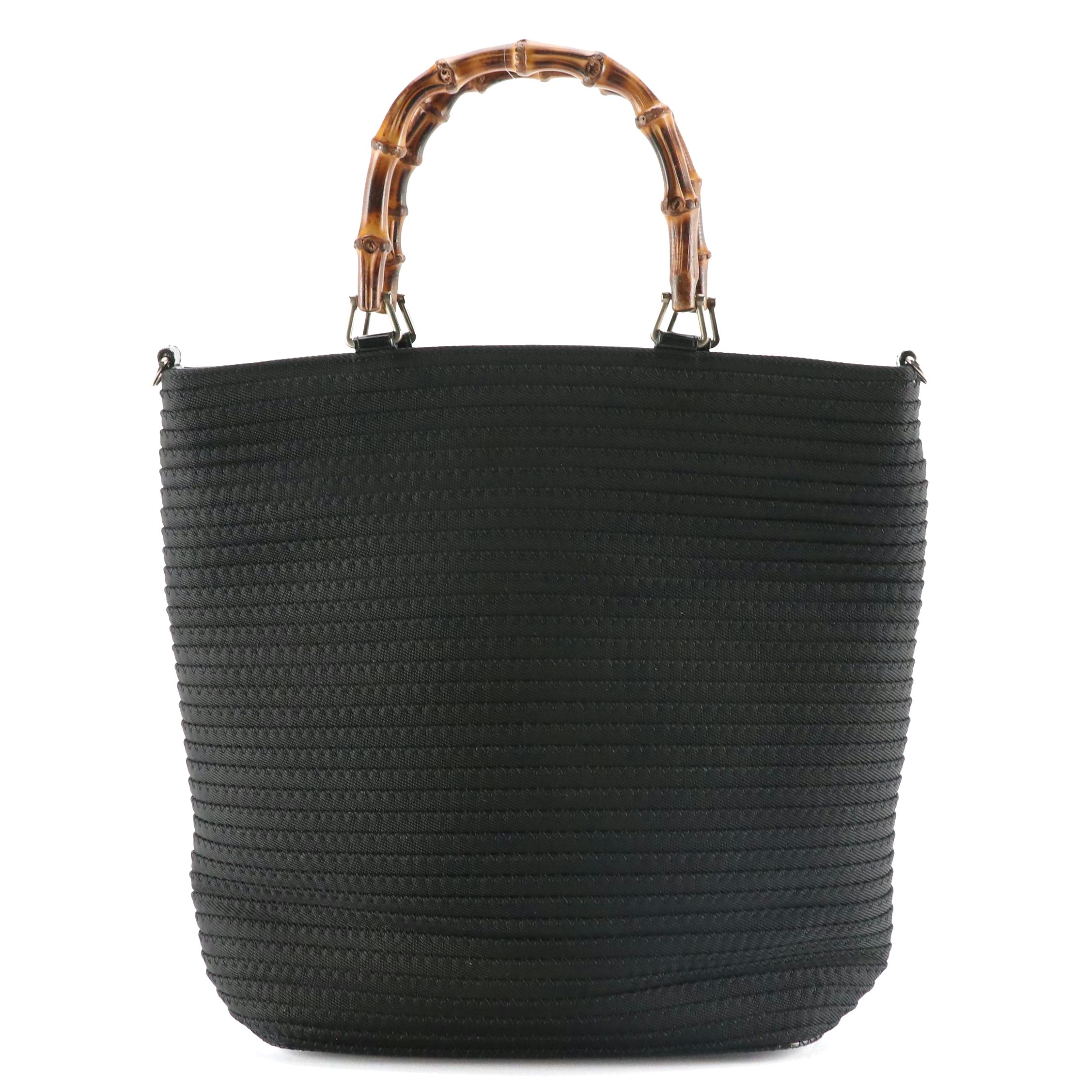 Gucci Bamboo Top Handle Bag in Black Ribbed Nylon Canvas and Leather