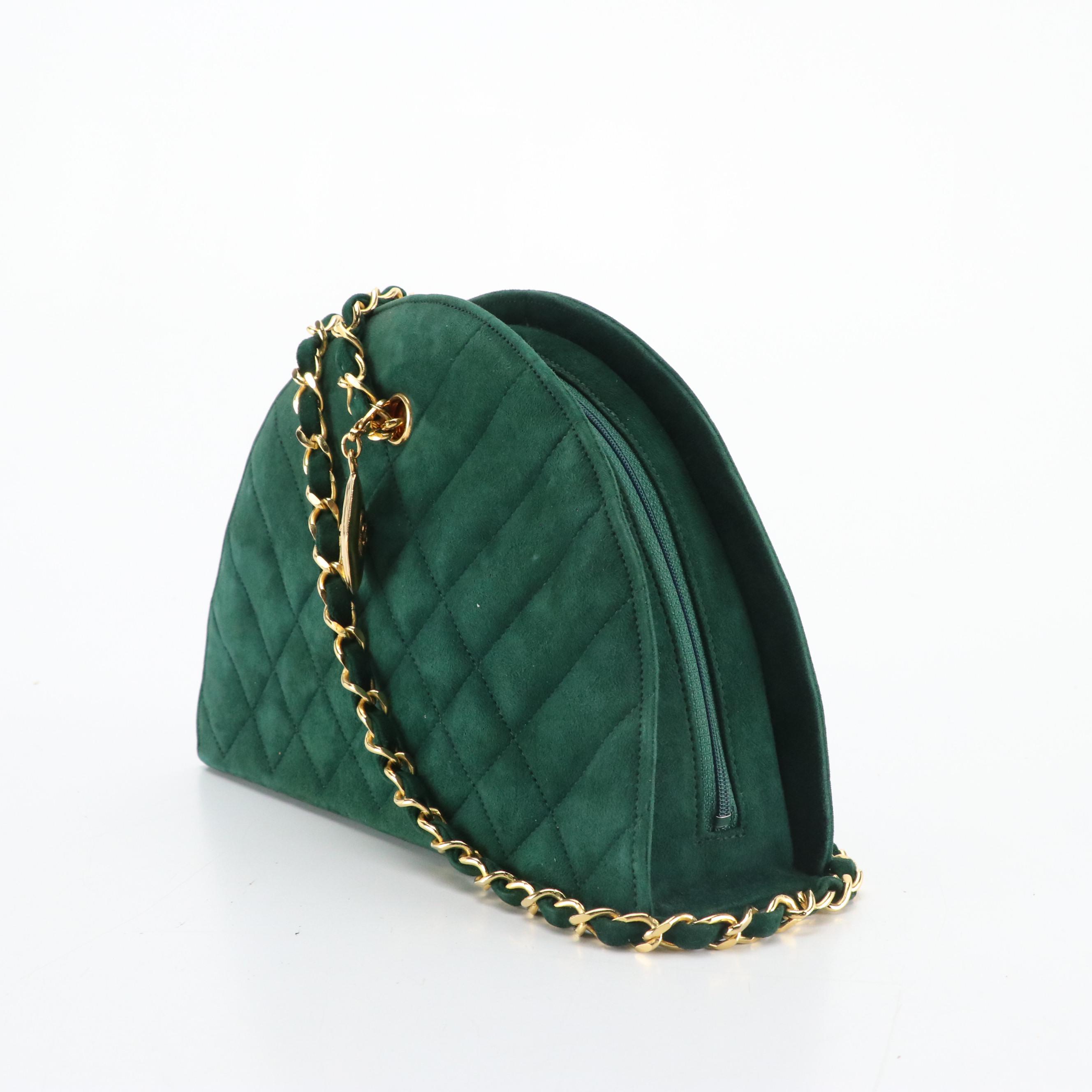 Chanel Half Moon Chain Link Shoulder Bag in Quilted Forest Green Suede