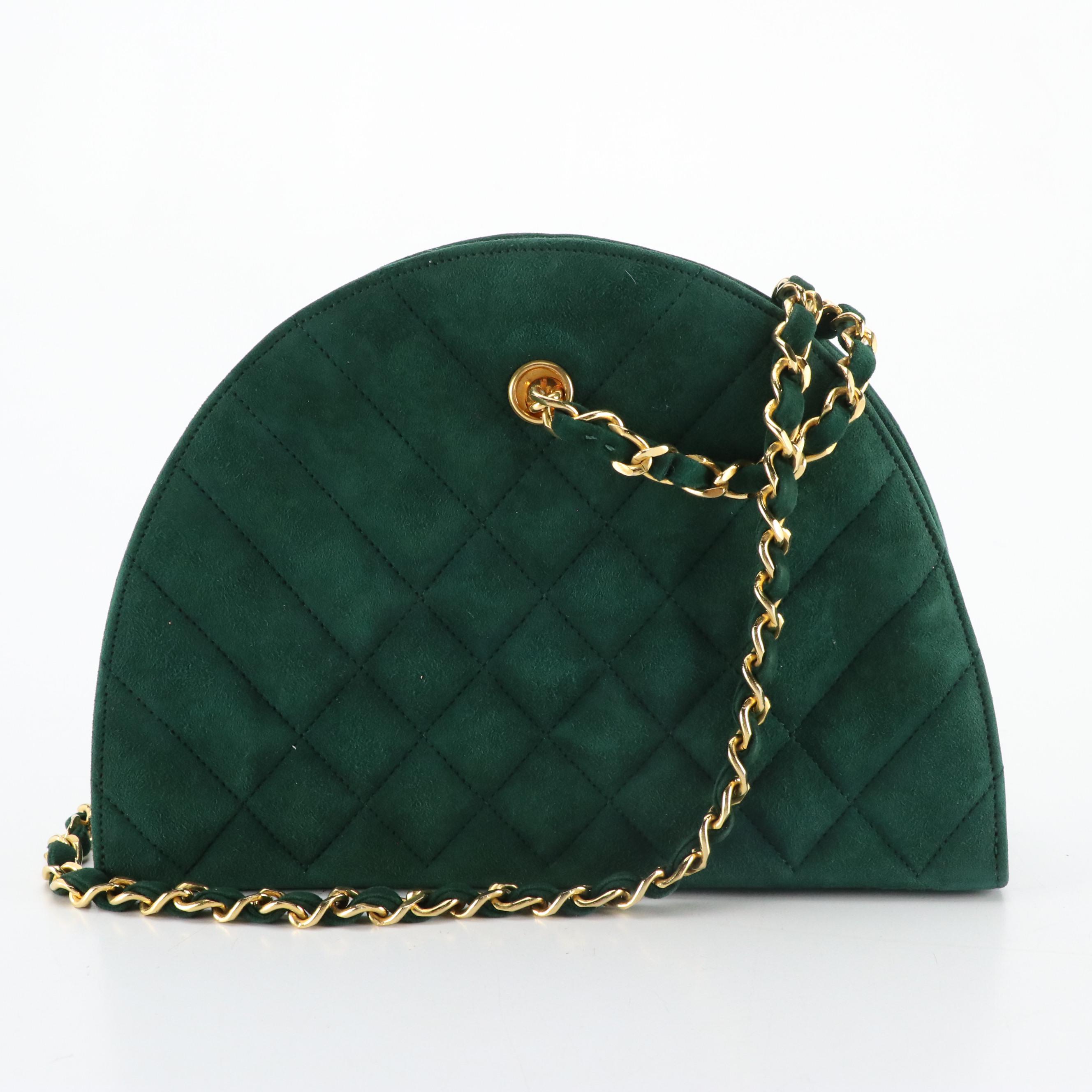 Chanel Half Moon Chain Link Shoulder Bag in Quilted Forest Green Suede
