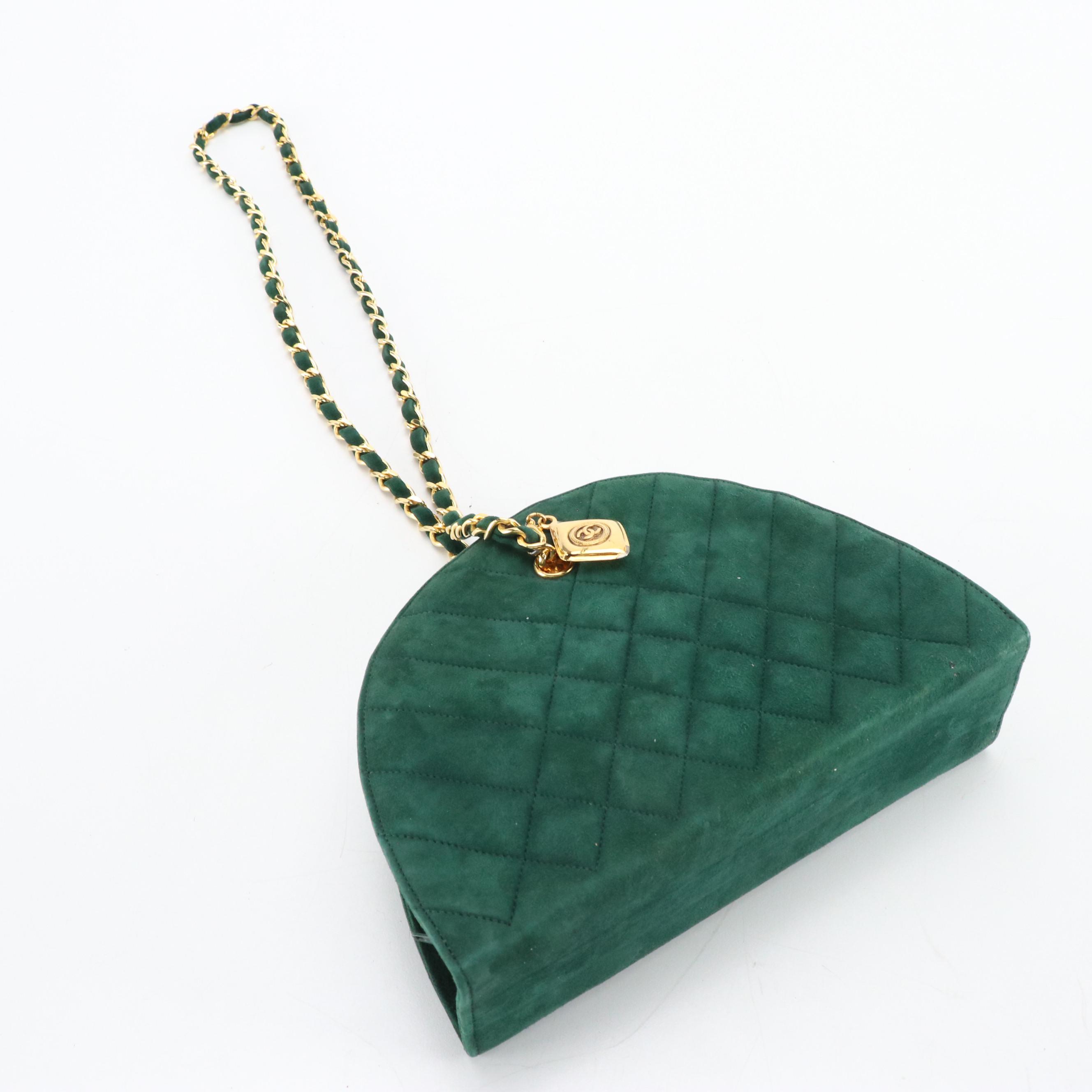 Chanel Half Moon Chain Link Shoulder Bag in Quilted Forest Green Suede