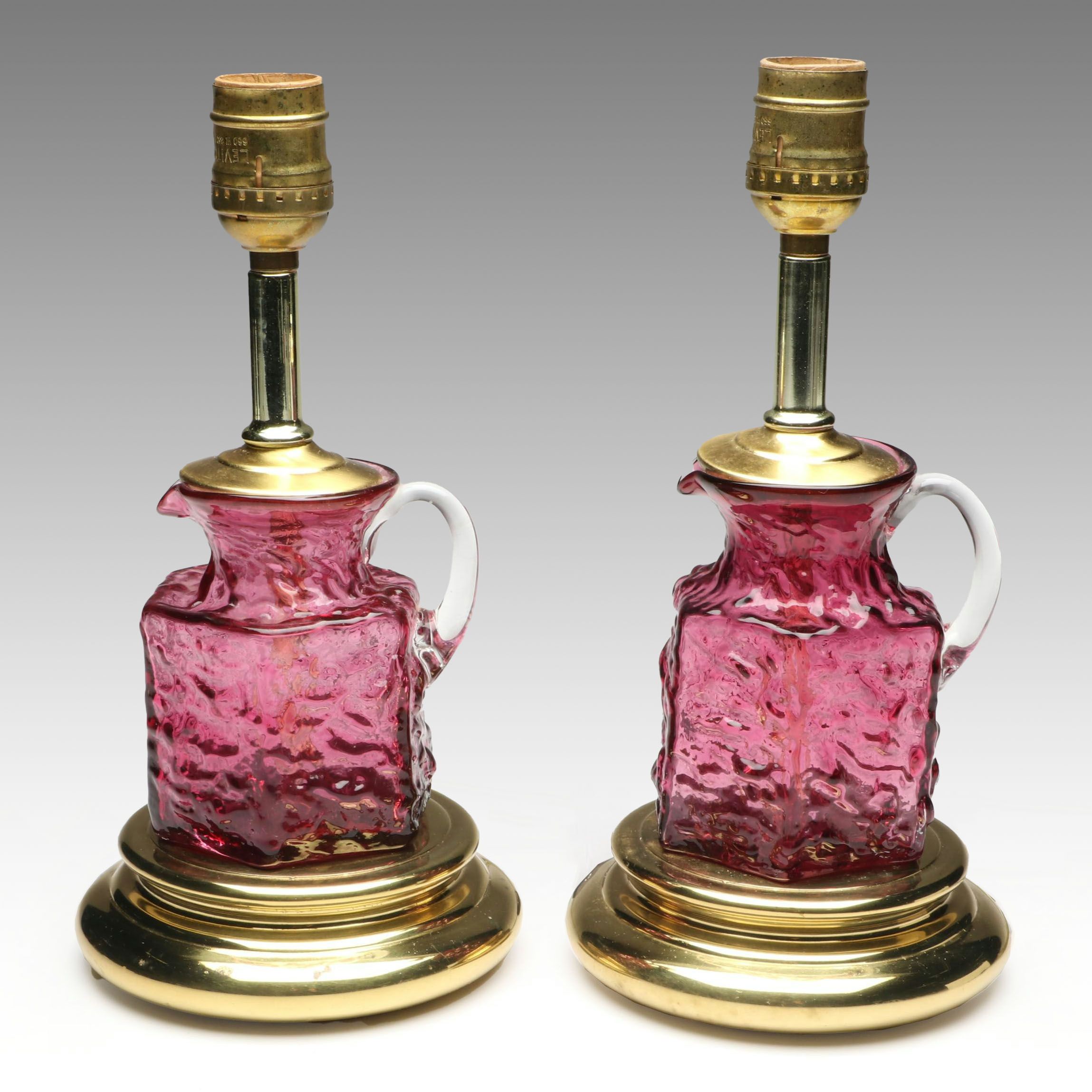 Pilgrim Glass Pebbled Cranberry Pitcher Converted Lamps