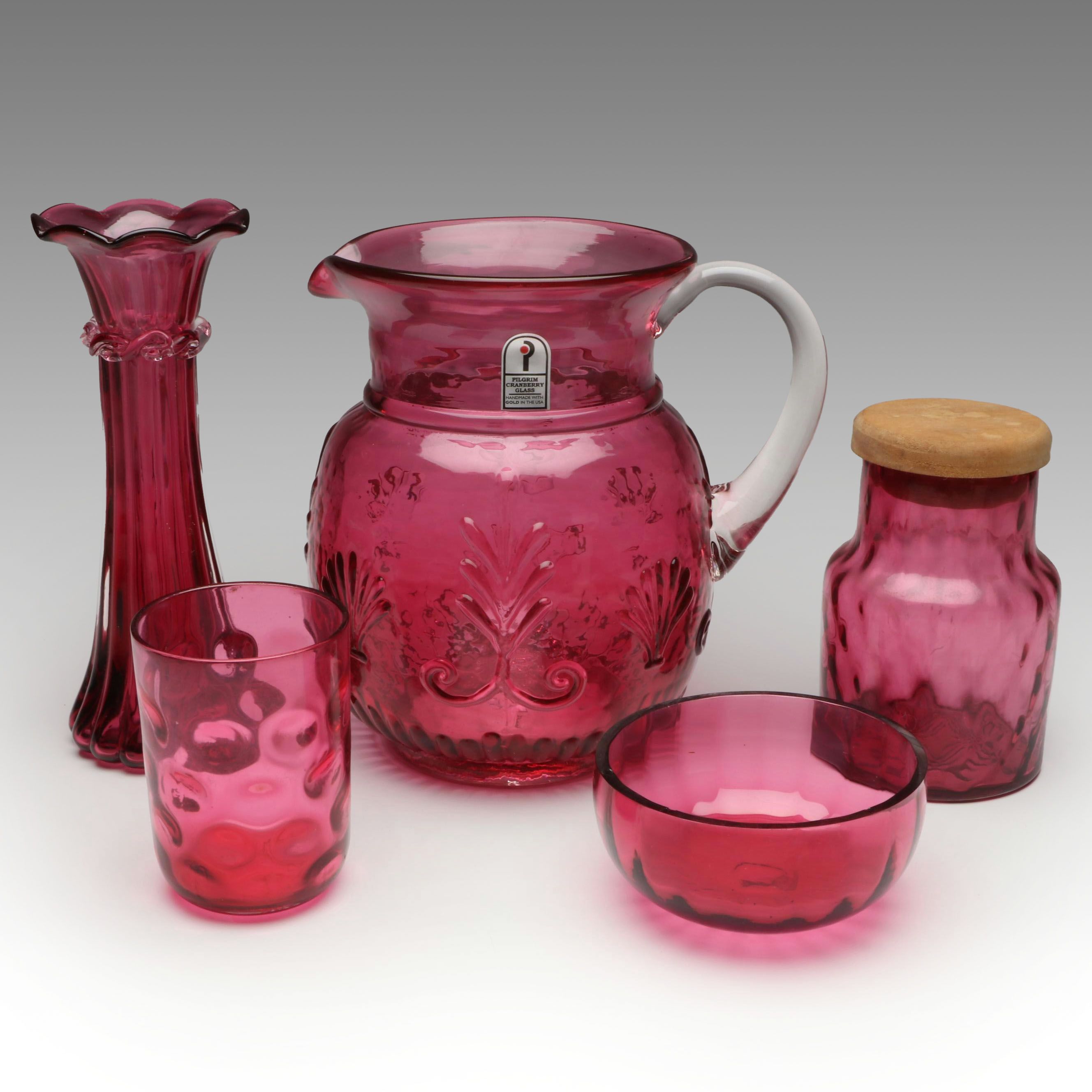 Pilgrim Cranberry Glass Pitcher with Bud Vase, Lidded Jar and Other Décor