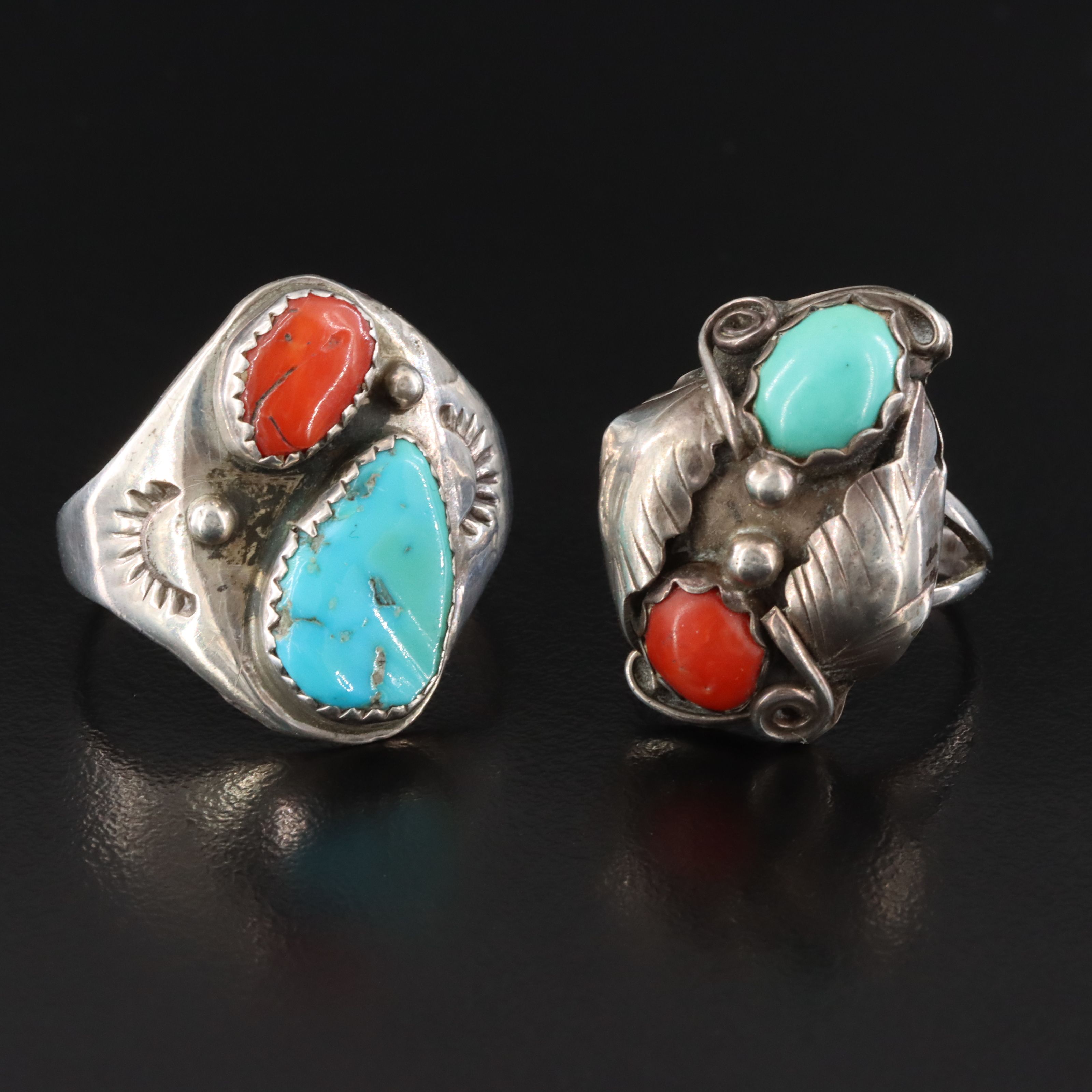 Southwestern Sterling Turquoise and Coral Rings