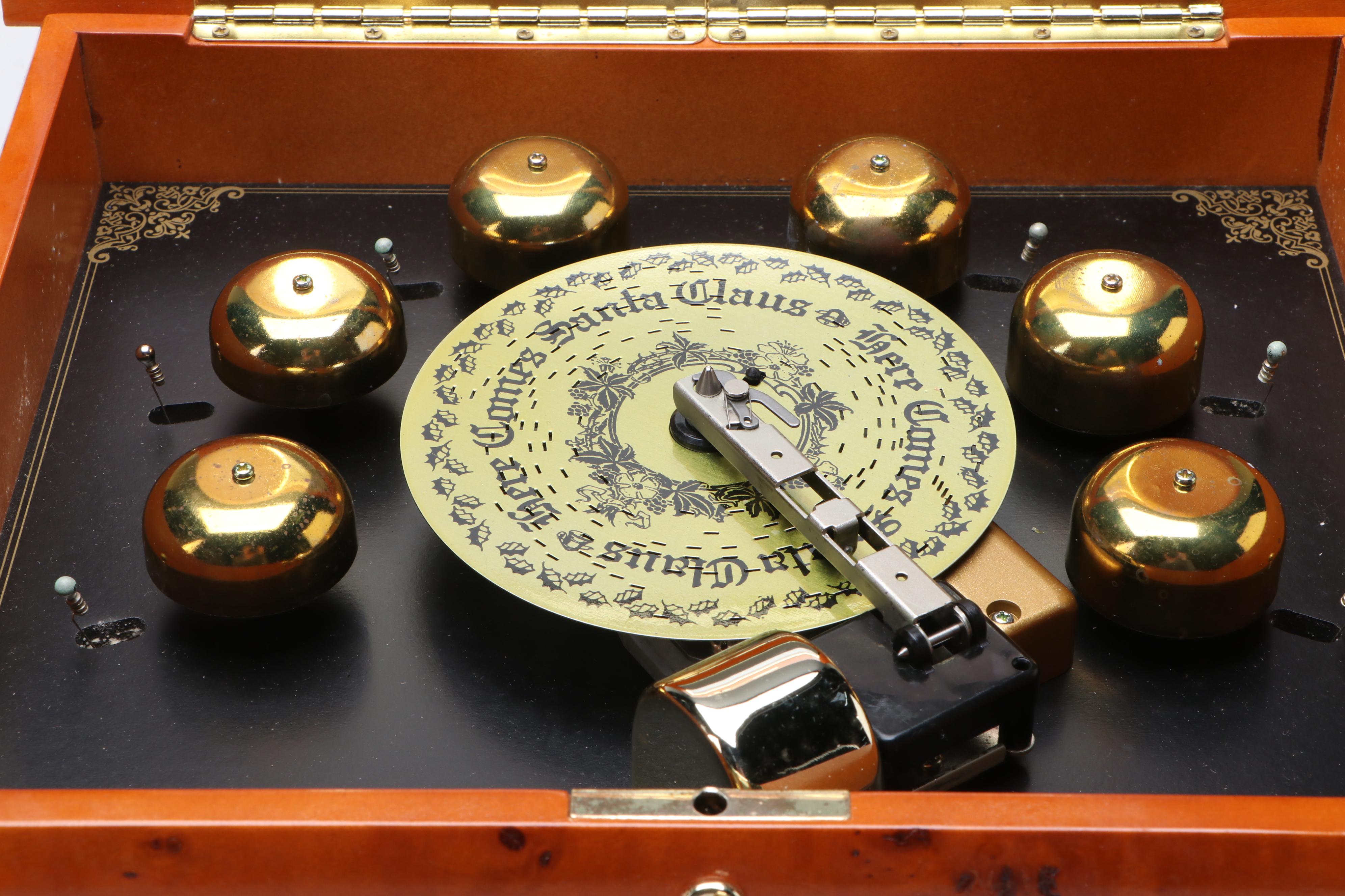 Christmas Deluxe Bell Symphonium in Burled Case with "Jingle Bells" Music Box