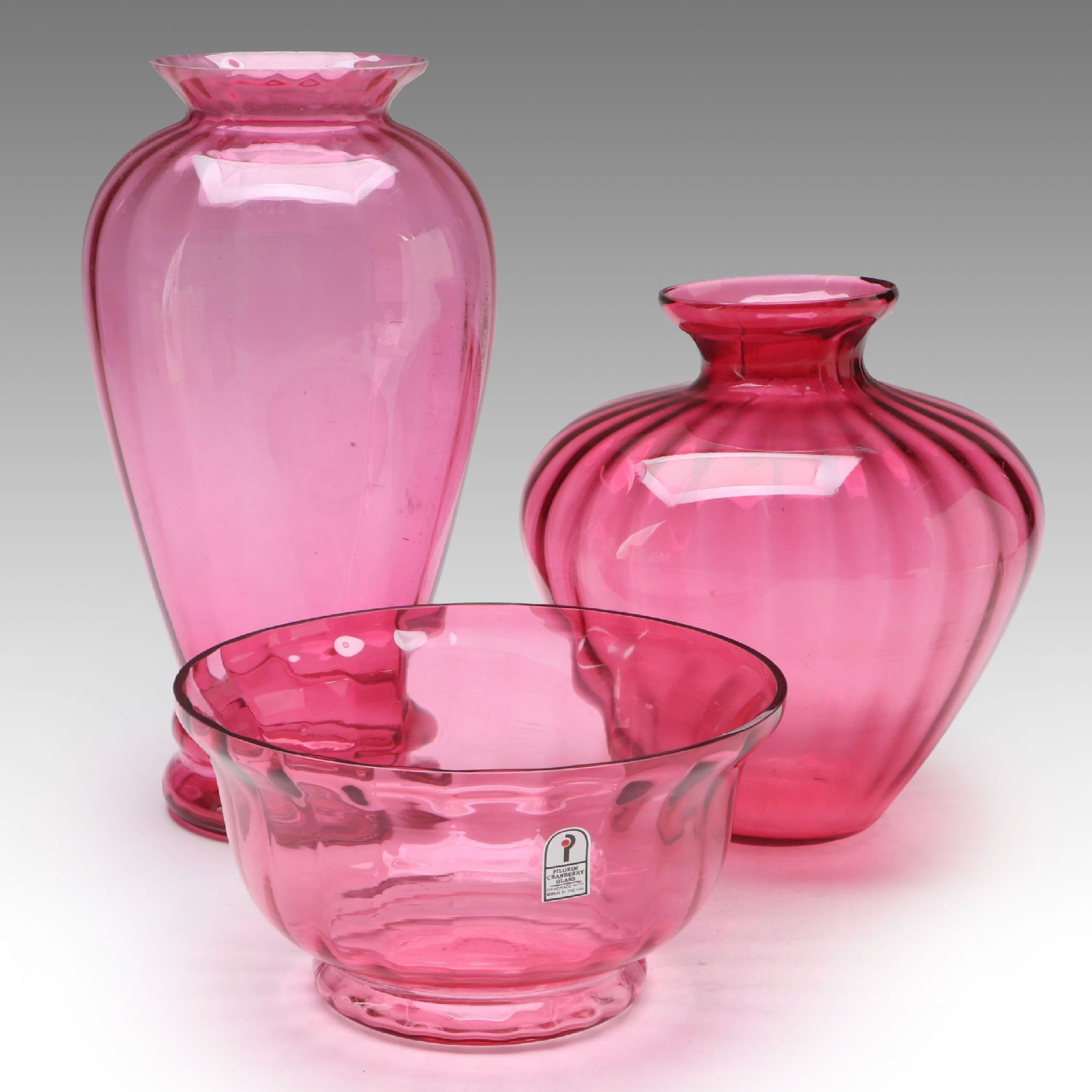 Pilgrim "Paul Revere" Footed Bowl and Cranberry Glass Vases