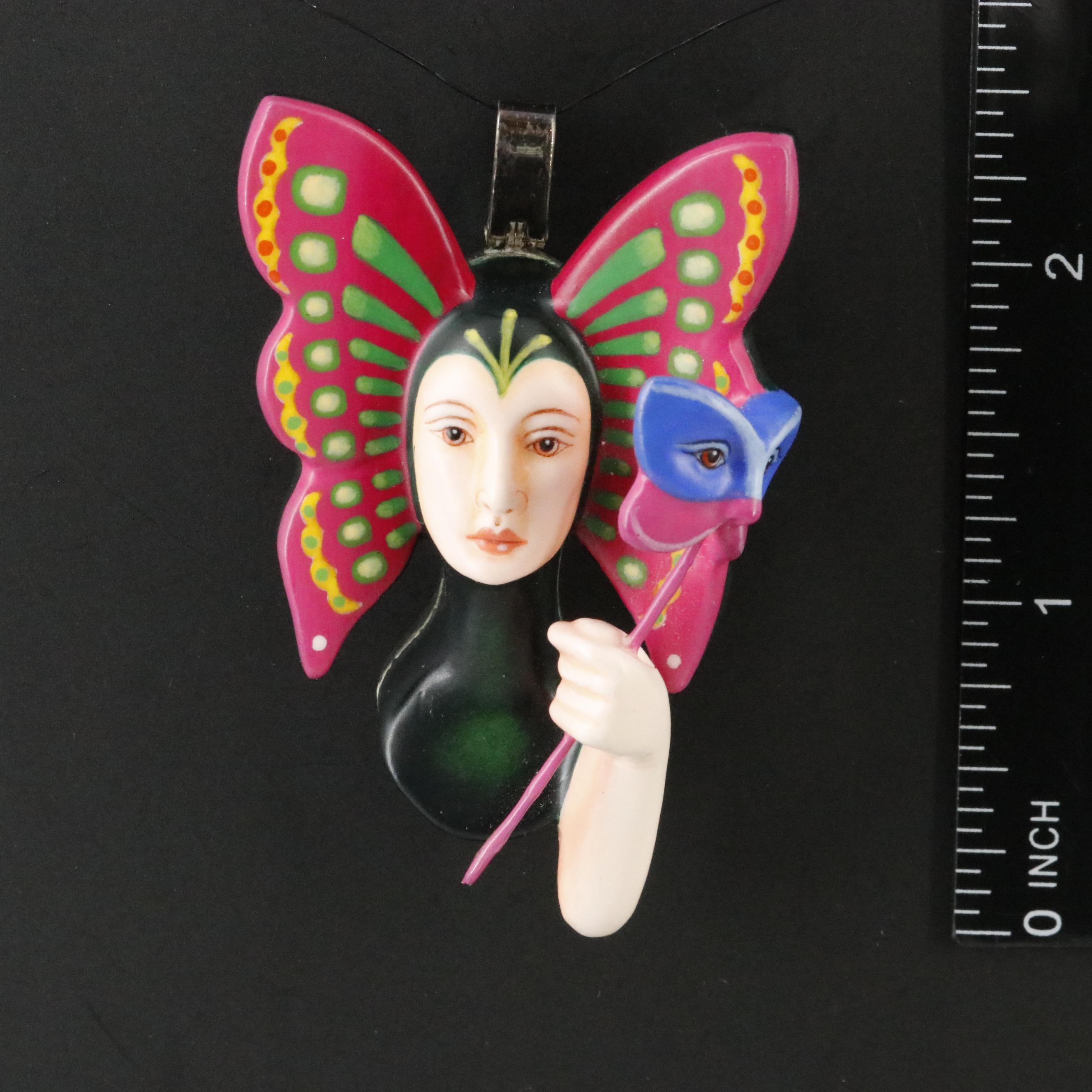 Mexican Sergio Bustamante Sterling Resin Butterfly Woman Pendant