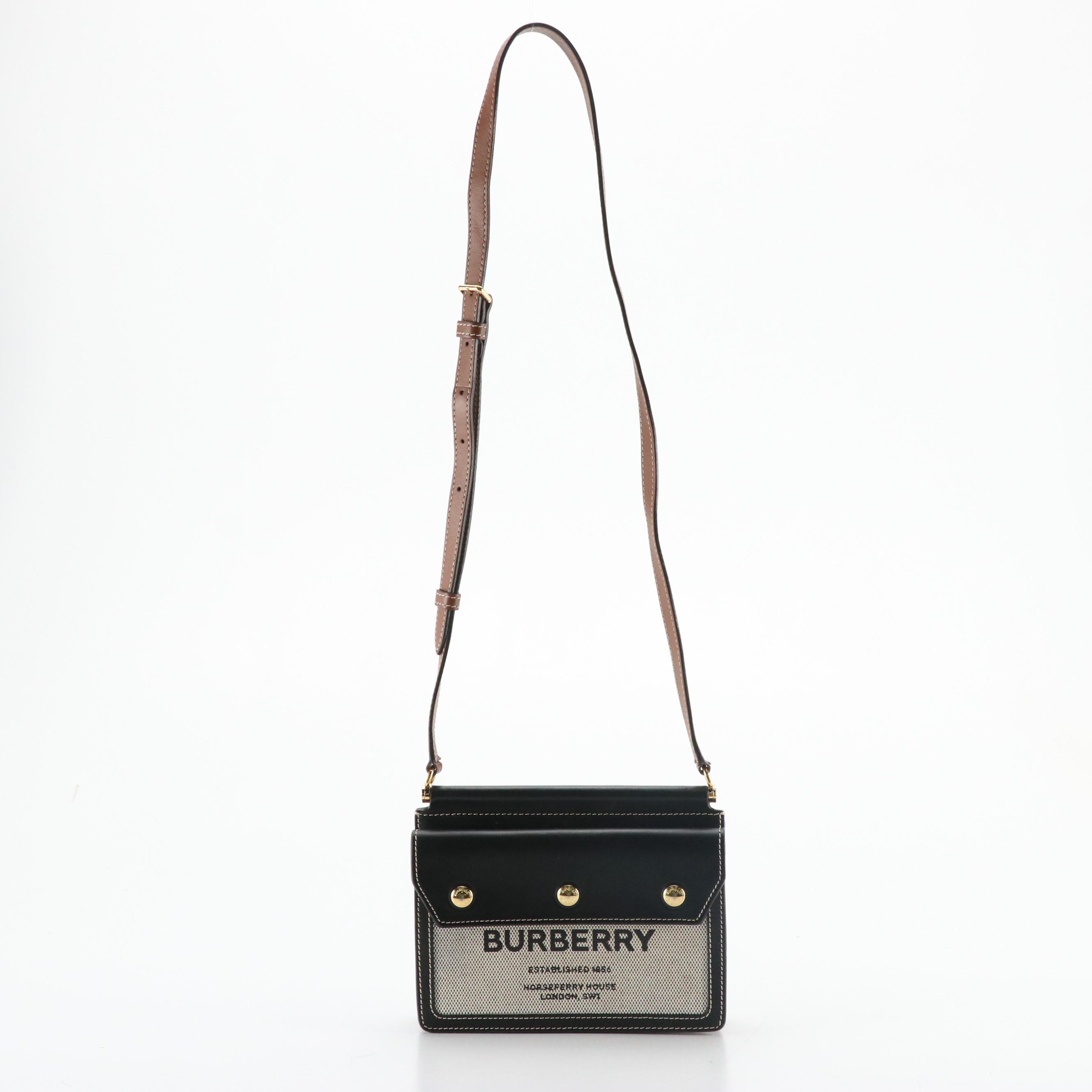 Burberry Mini Horseferry Print Title Bag in Black/Brown Leather and Canvas