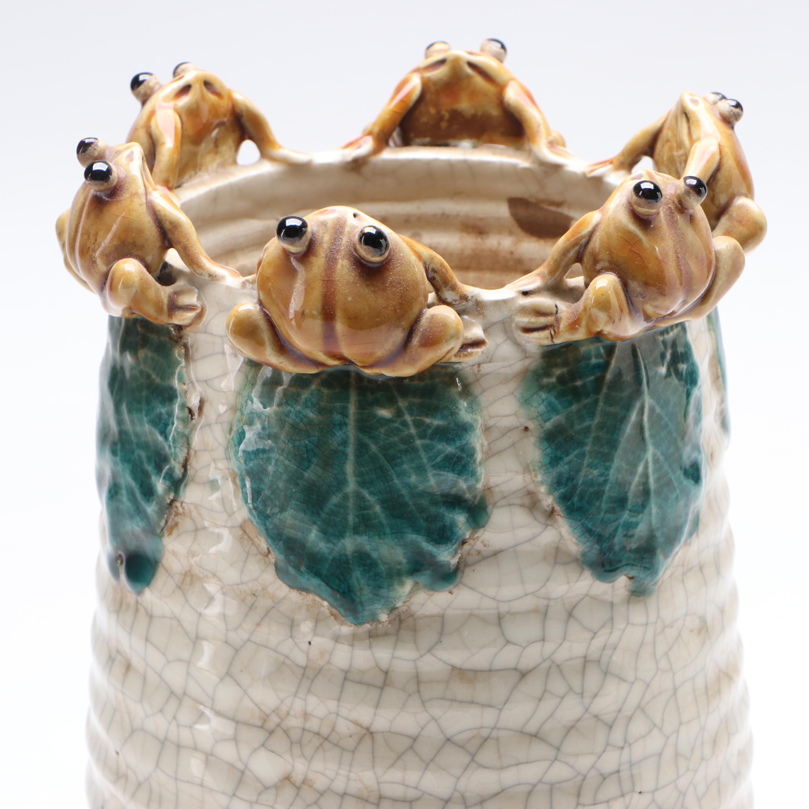 Chinese Crackle Glaze Majolica Vase with Frogs