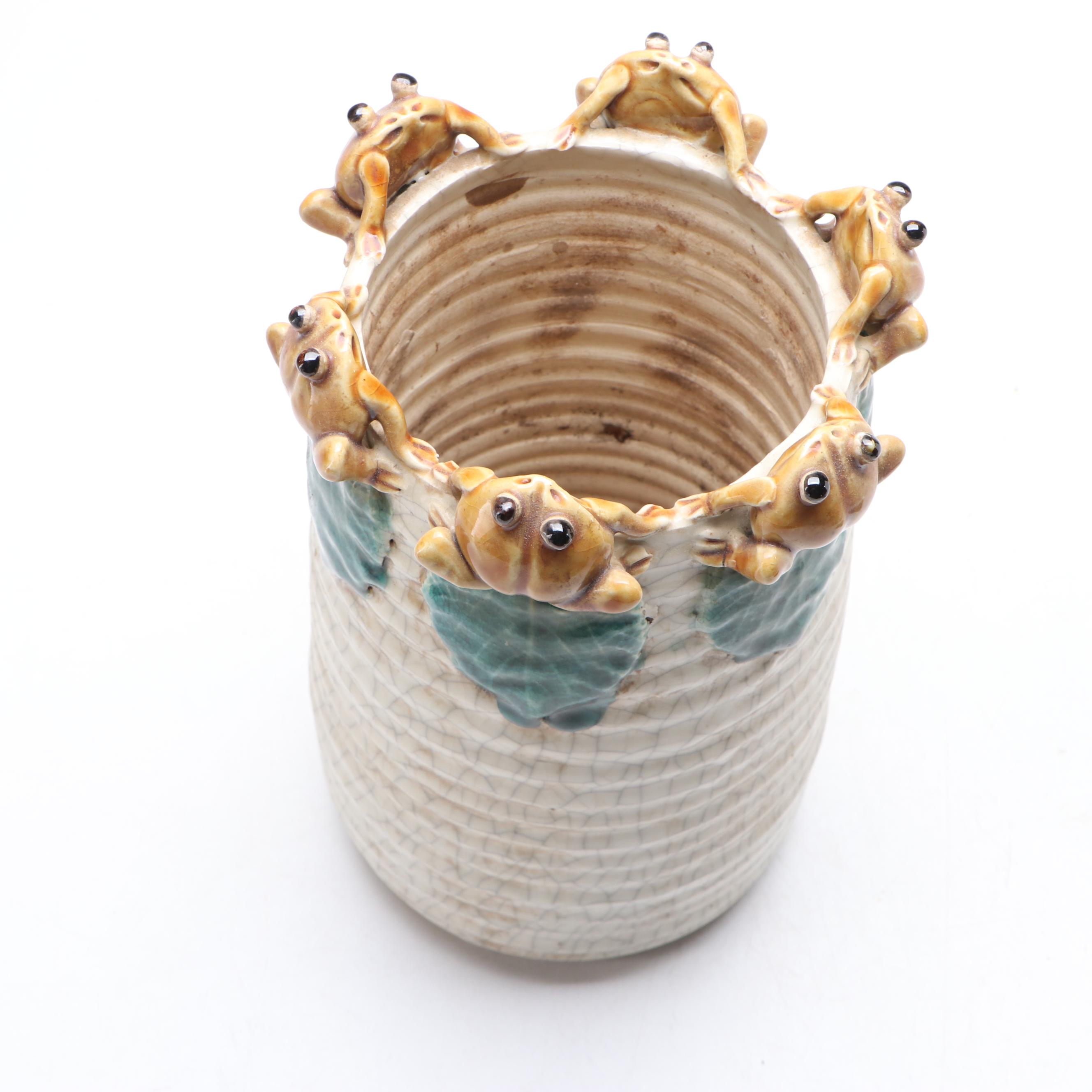 Chinese Crackle Glaze Majolica Vase with Frogs