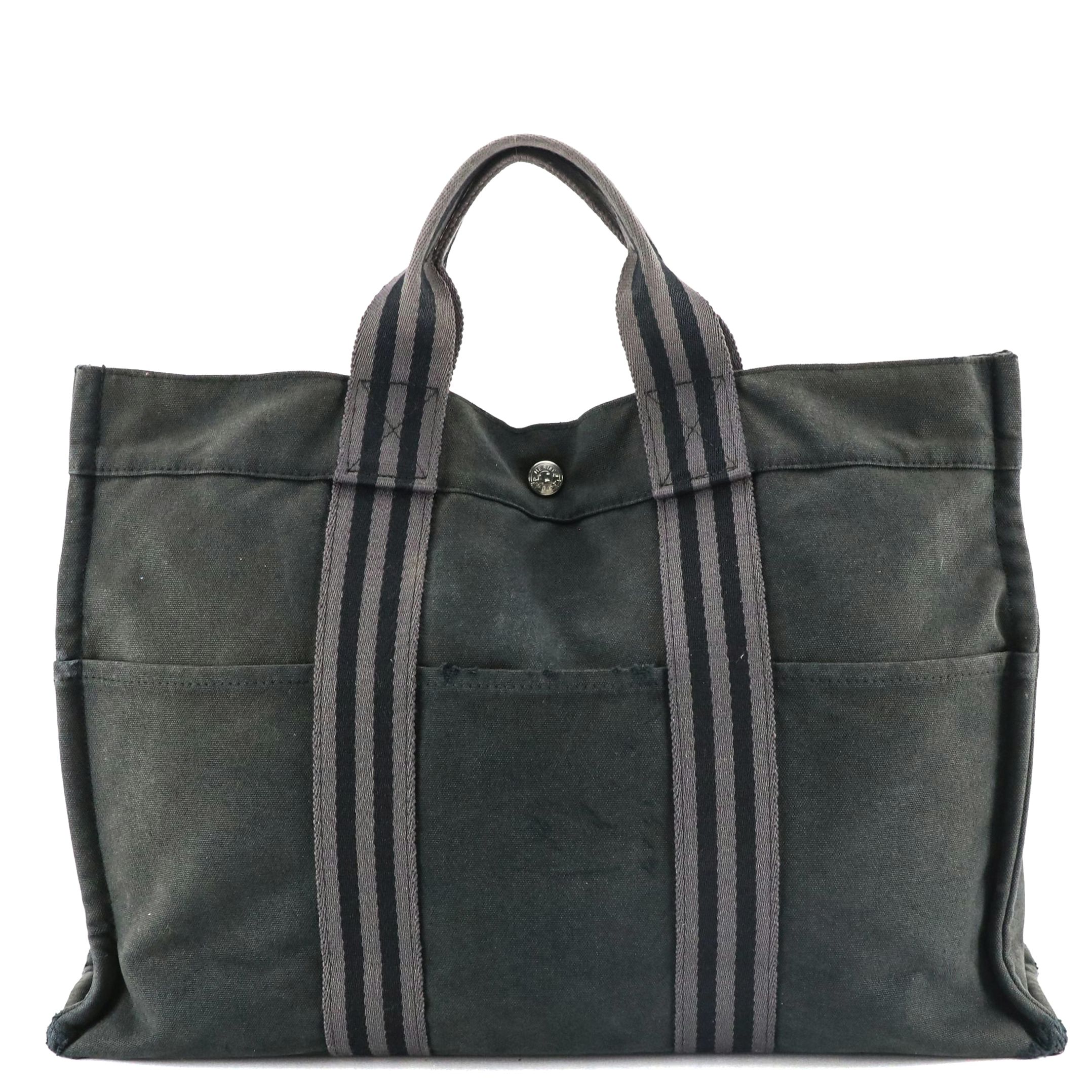 Hermès Fourre-Tout MM in Black and Grey Cotton Canvas