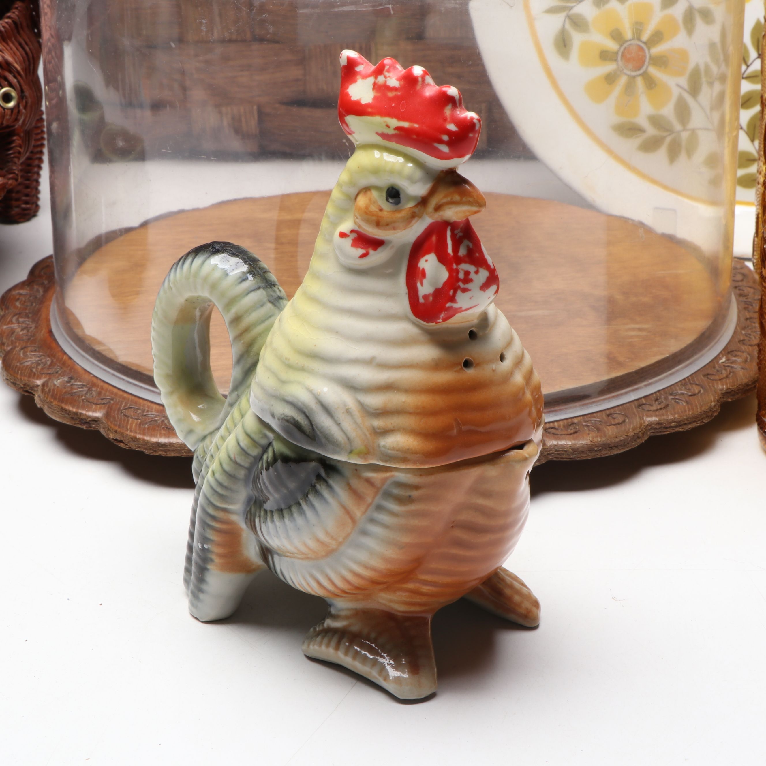 Japanese Ceramic and Wood Rooster Shakers with Baskets and Other Serveware