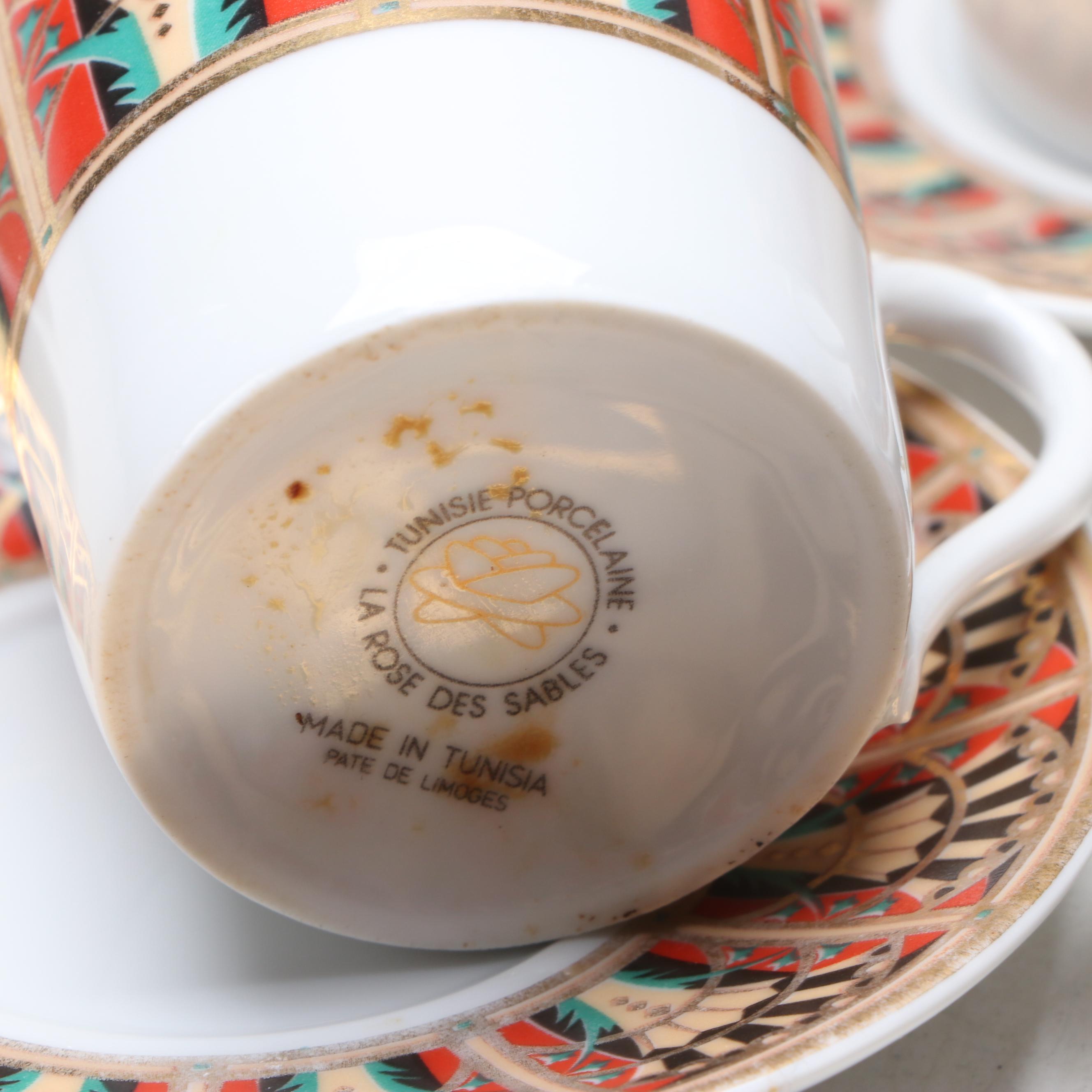 Tunisie Porcelaine La Rose des Sables Porcelain Demitasse Cups and Saucers