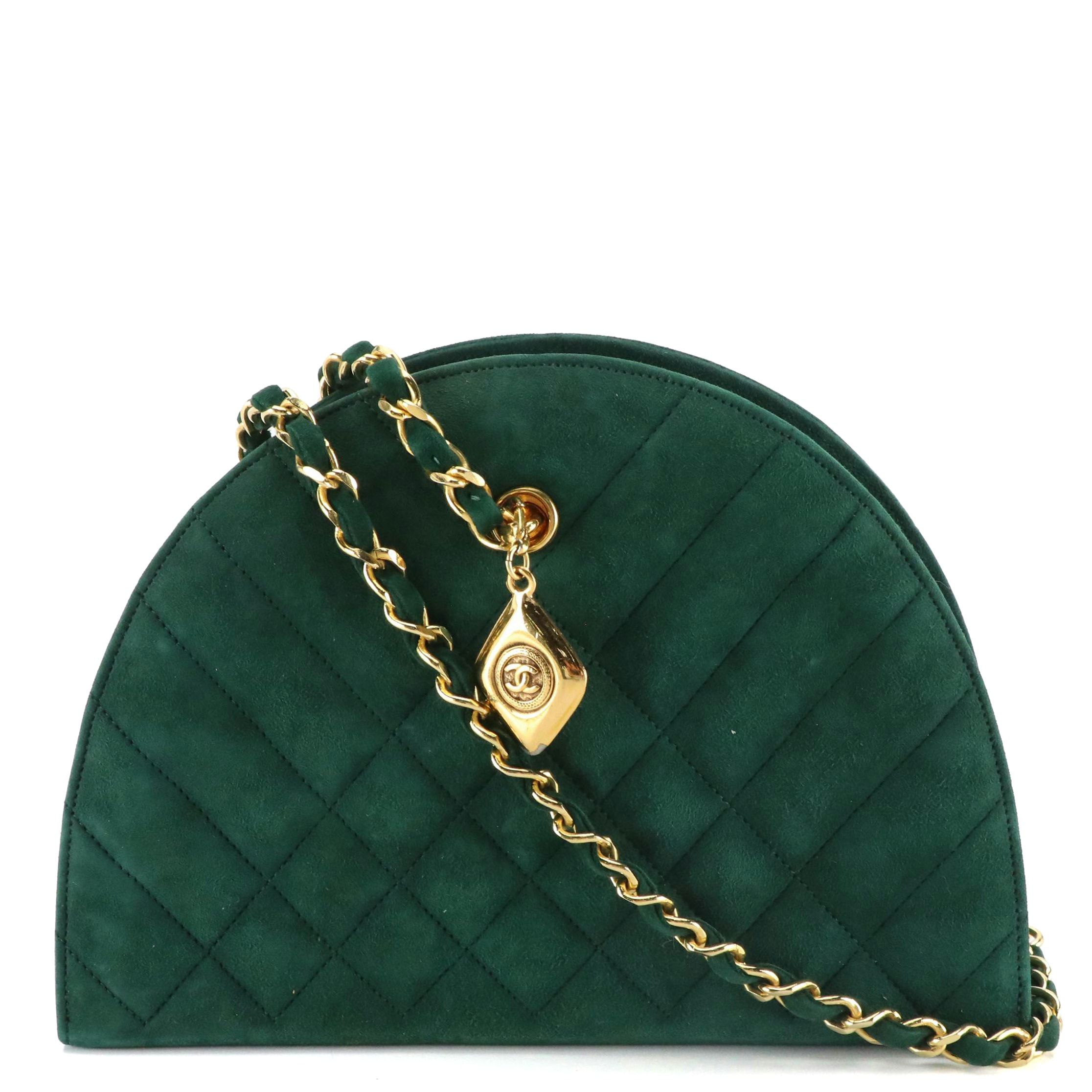 Chanel Half Moon Chain Link Shoulder Bag in Quilted Forest Green Suede