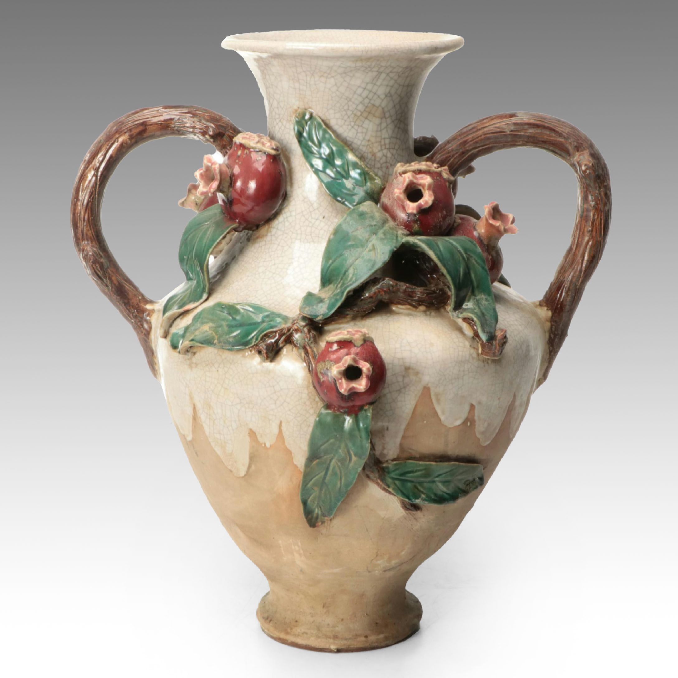 Italian Majolica Pomegranate on Vines Floor Vase