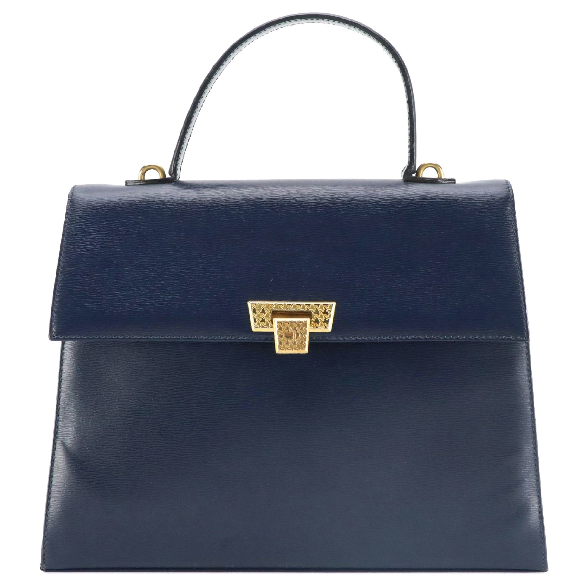 Christian Dior Top Handle Bag in Navy Blue Textured Leather