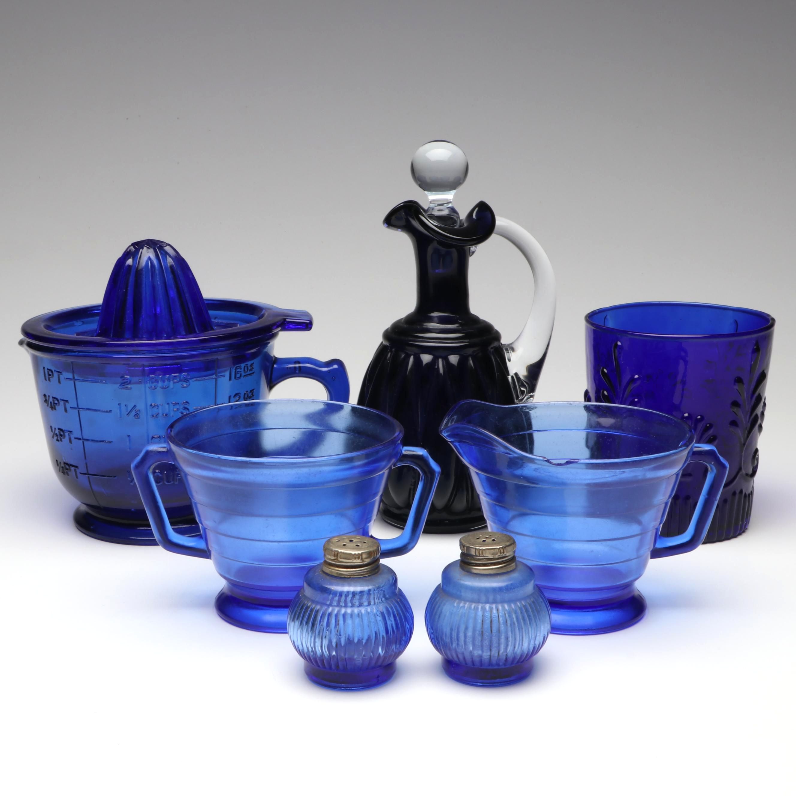 Hazel Atlas Cobalt Measuring Cup with Gibson Cruet and Other Table Accessories