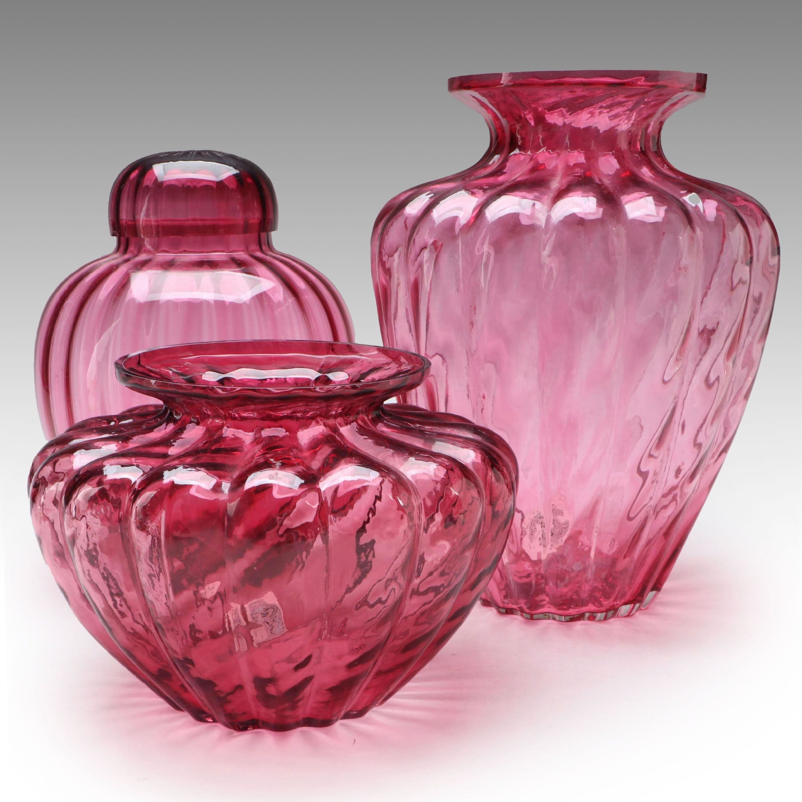 Pilgrim "Canterbury" and "Camille" Cranberry Glass Vases with Lidded Vessel