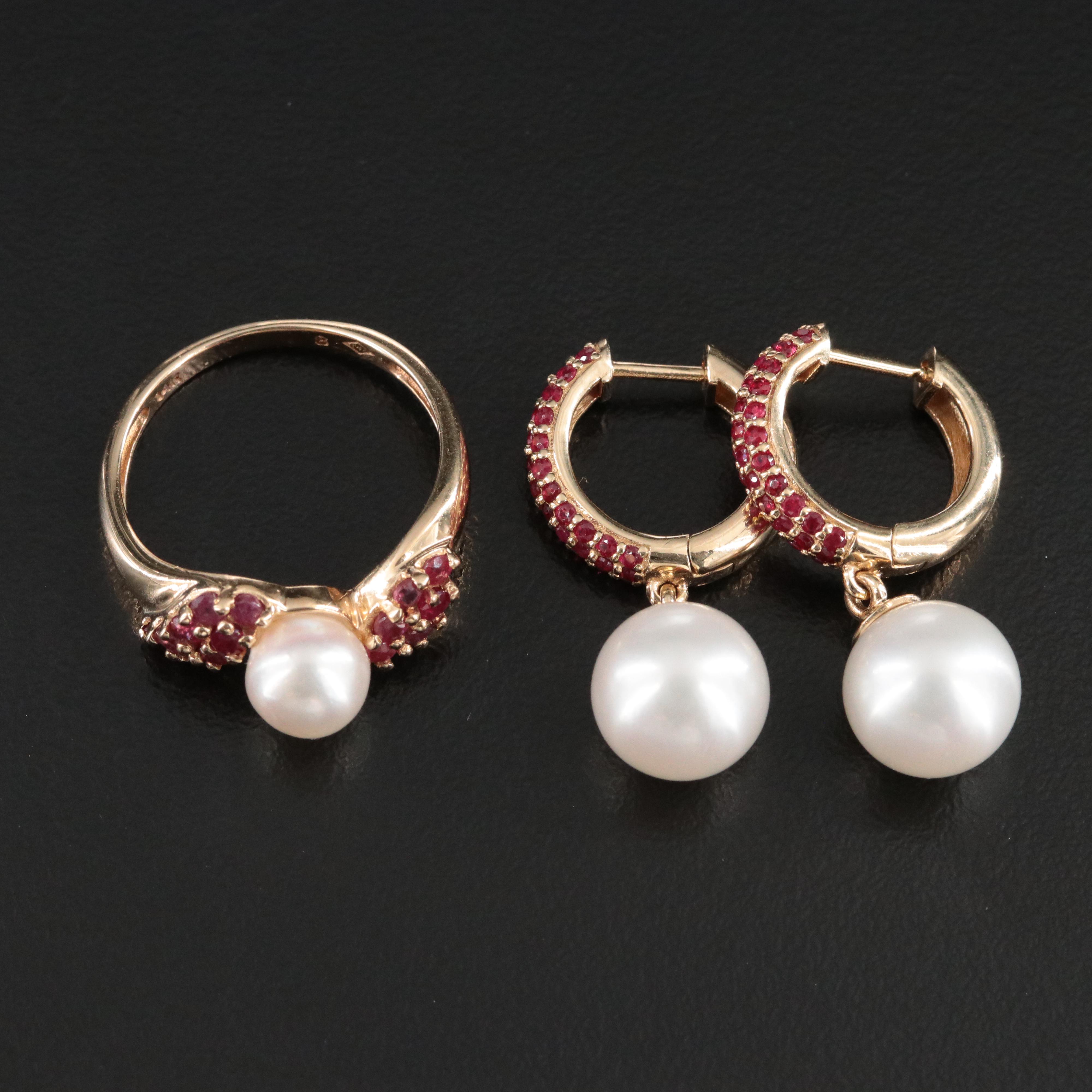 14K Pearl and Ruby Ring and Earrings