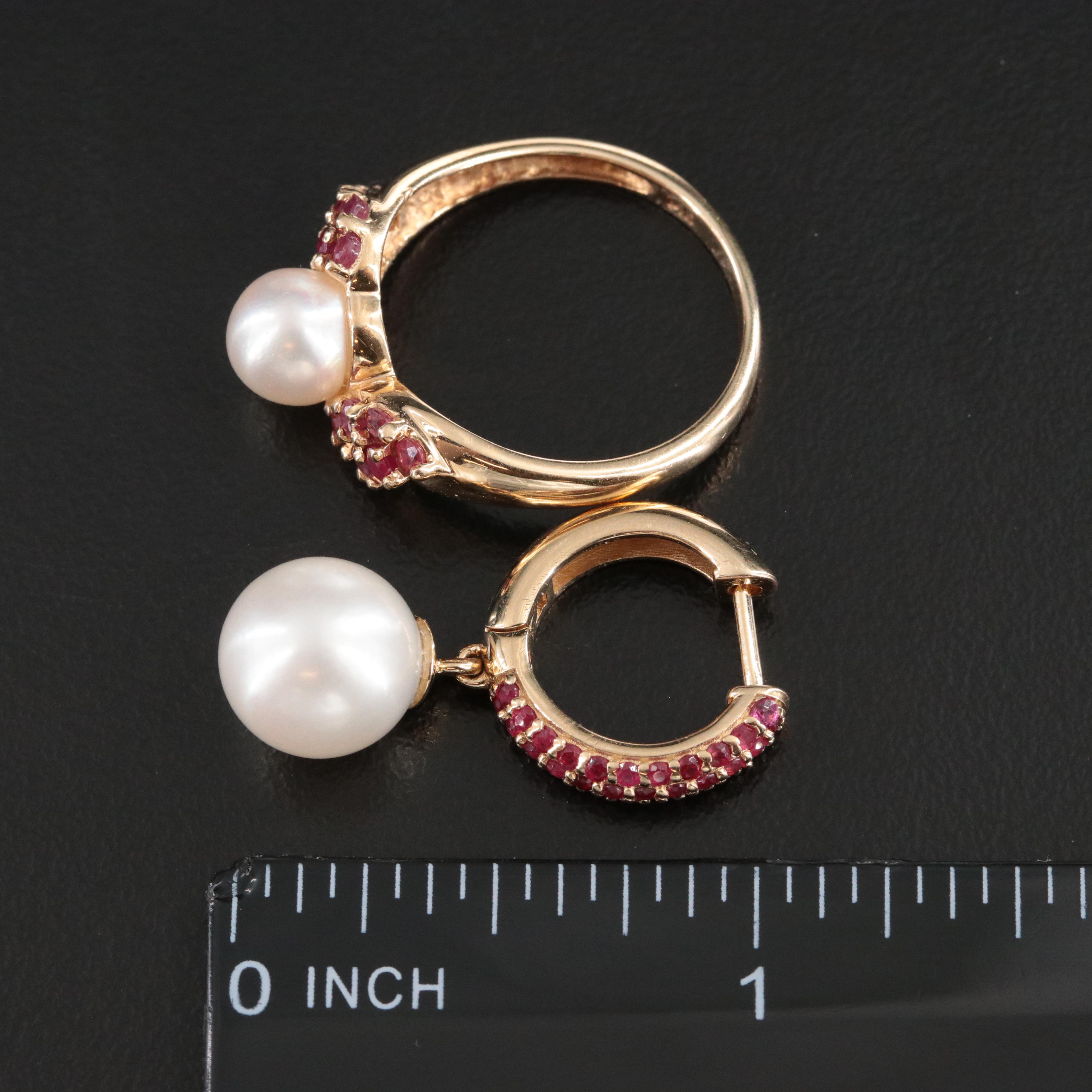 14K Pearl and Ruby Ring and Earrings