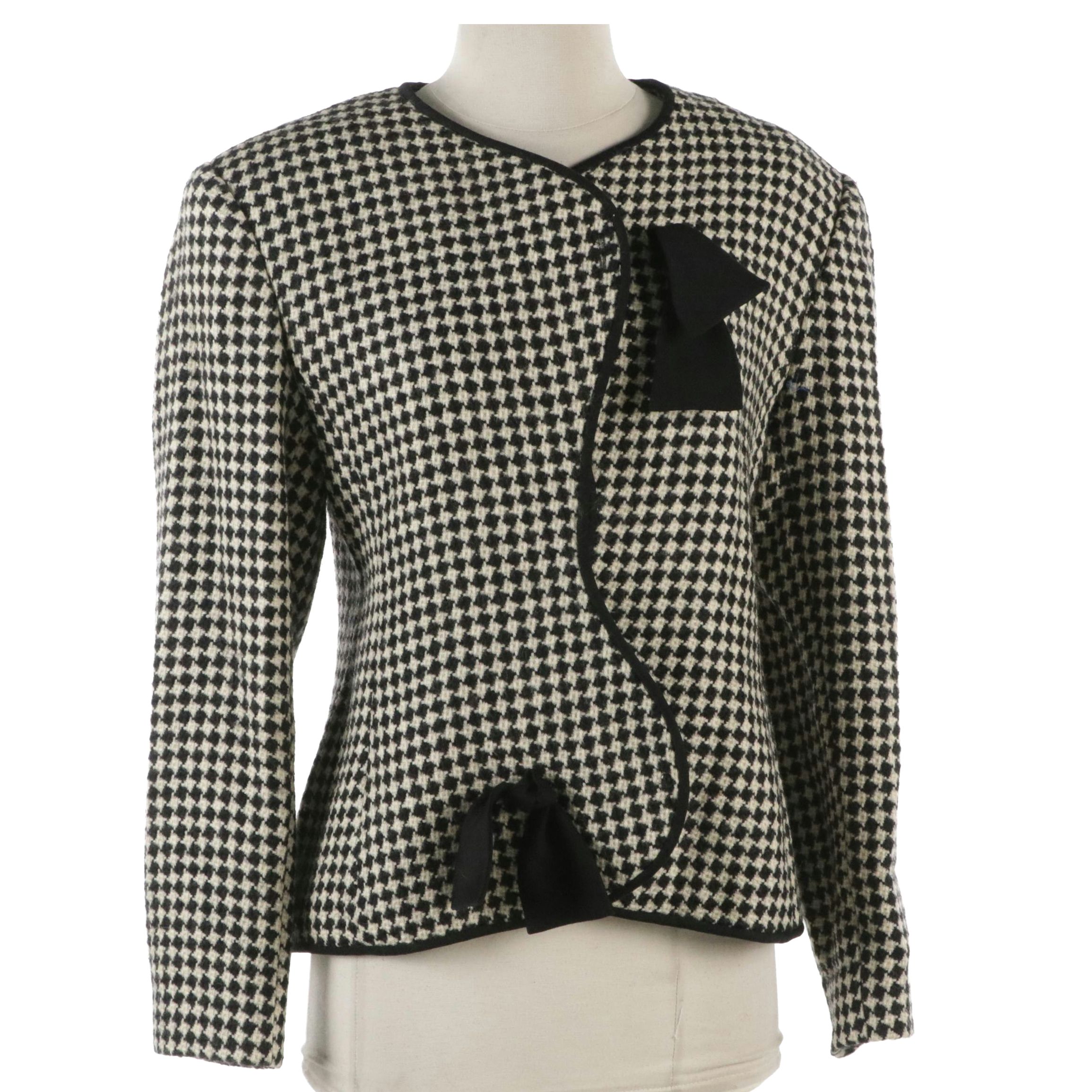 Hanae Mori Boutique Vintage B&W Checkered Wool Coat with Bow Details