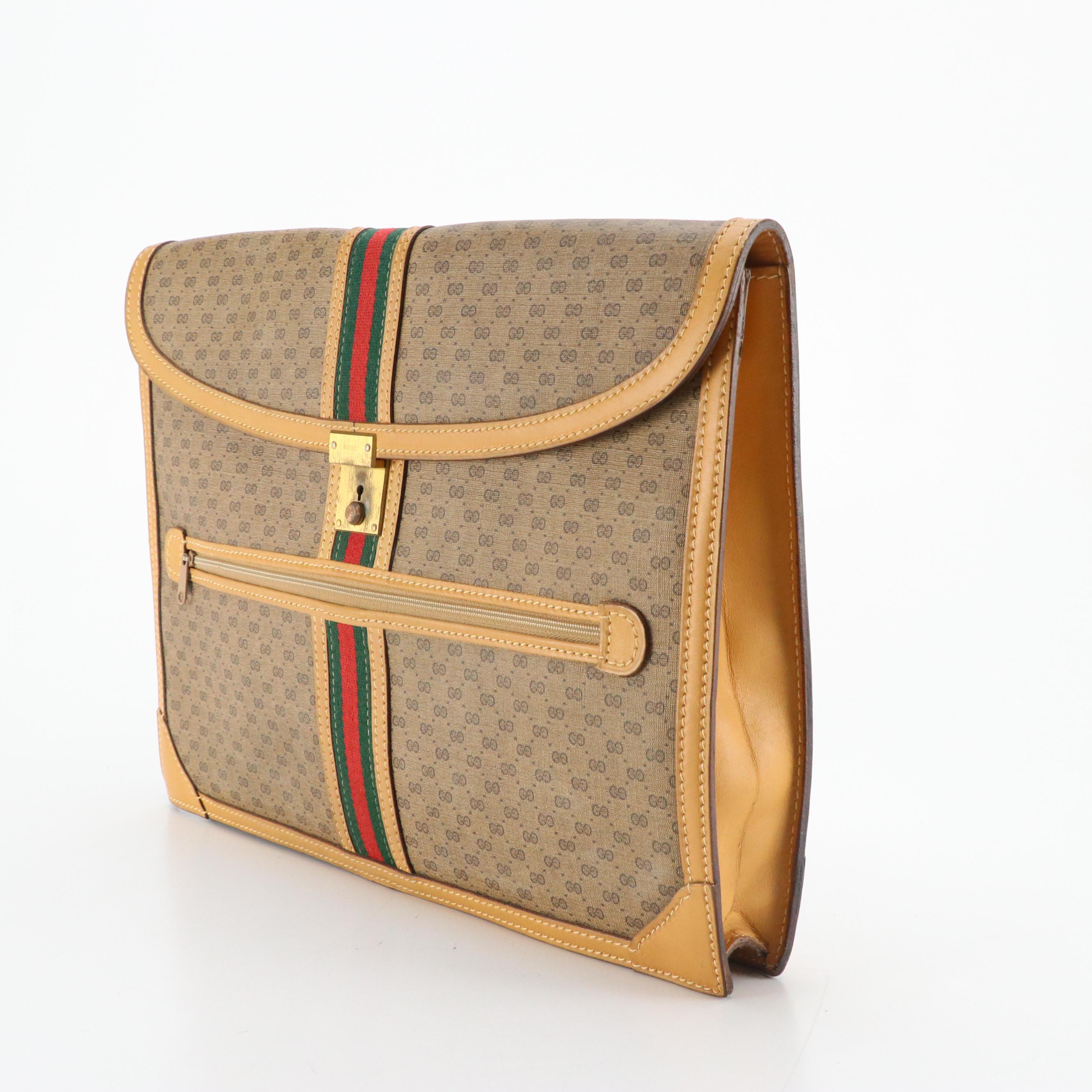 Gucci Web Stripe Portfolio in Micro GG Canvas and Tan Leather Trim