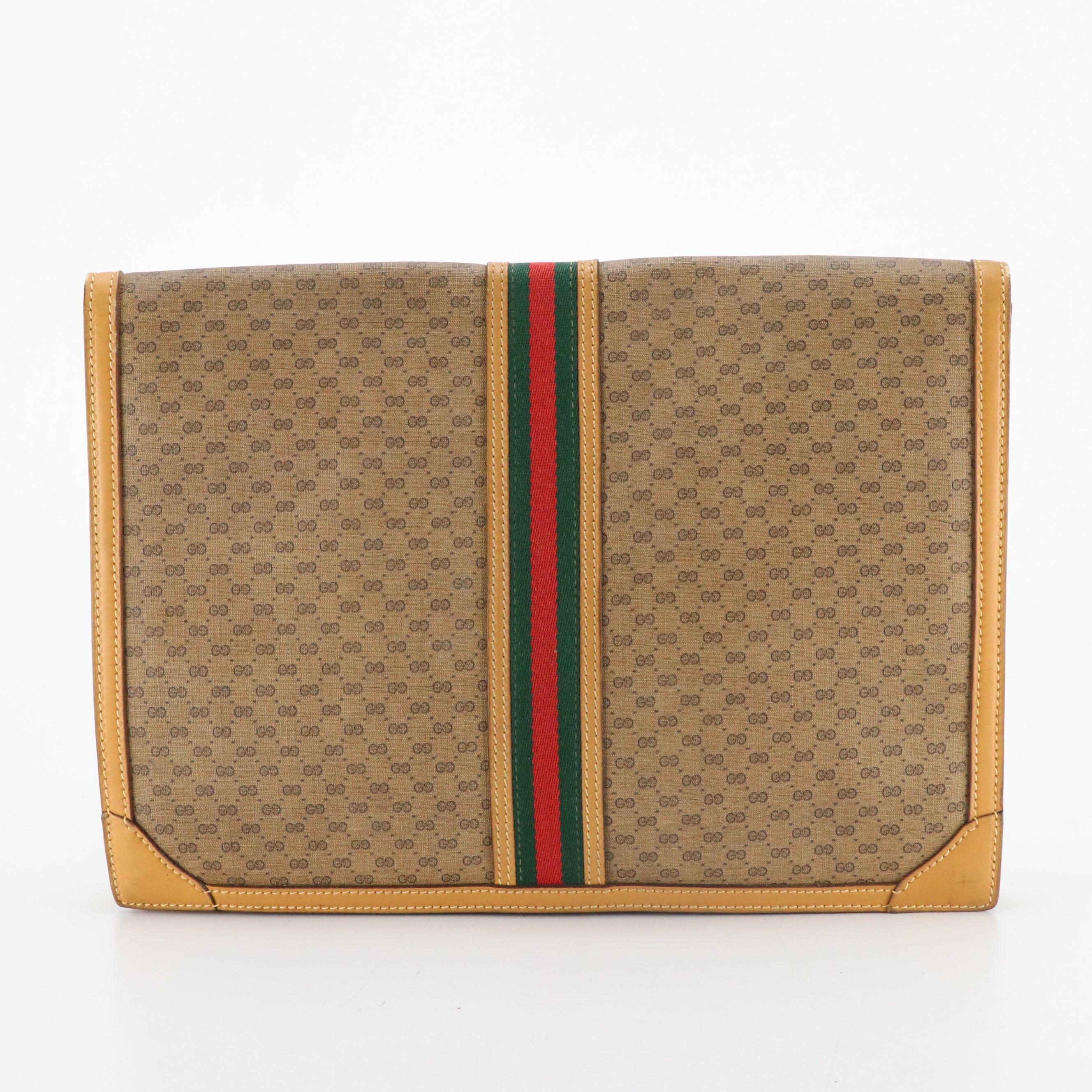 Gucci Web Stripe Portfolio in Micro GG Canvas and Tan Leather Trim