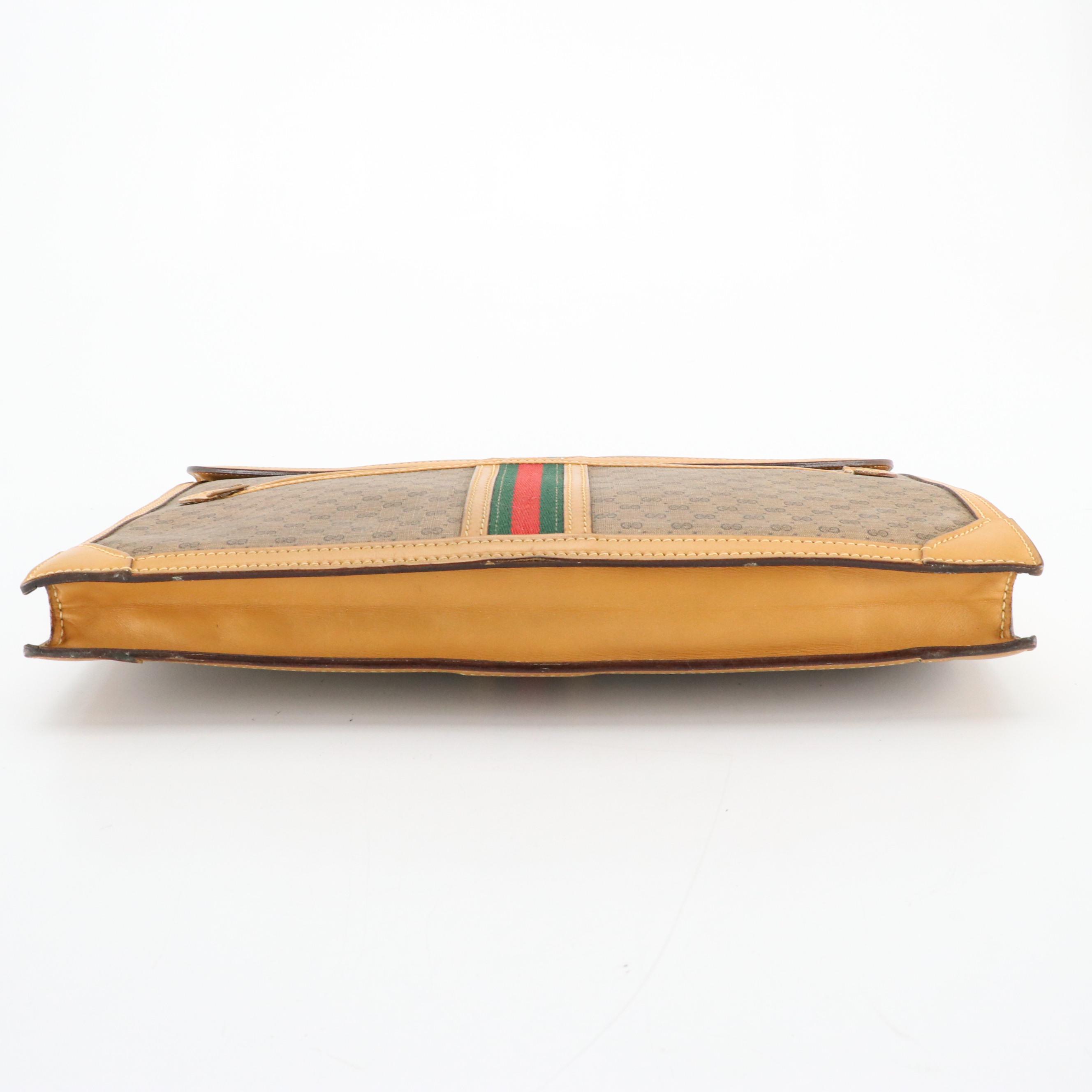 Gucci Web Stripe Portfolio in Micro GG Canvas and Tan Leather Trim
