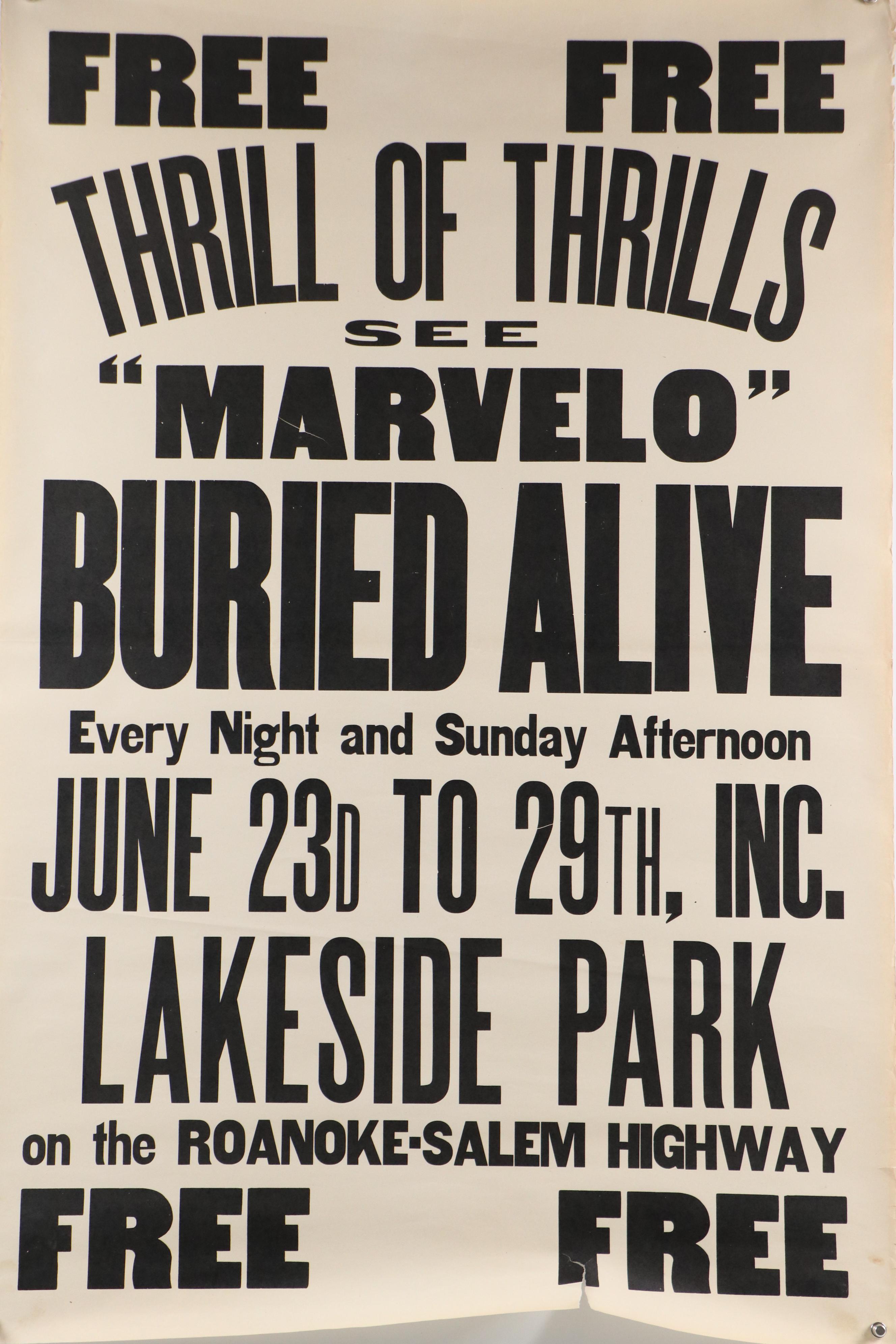 Letterpress Advertisement Print for Lester "Marvelo" Lake "Buried Alive" Act