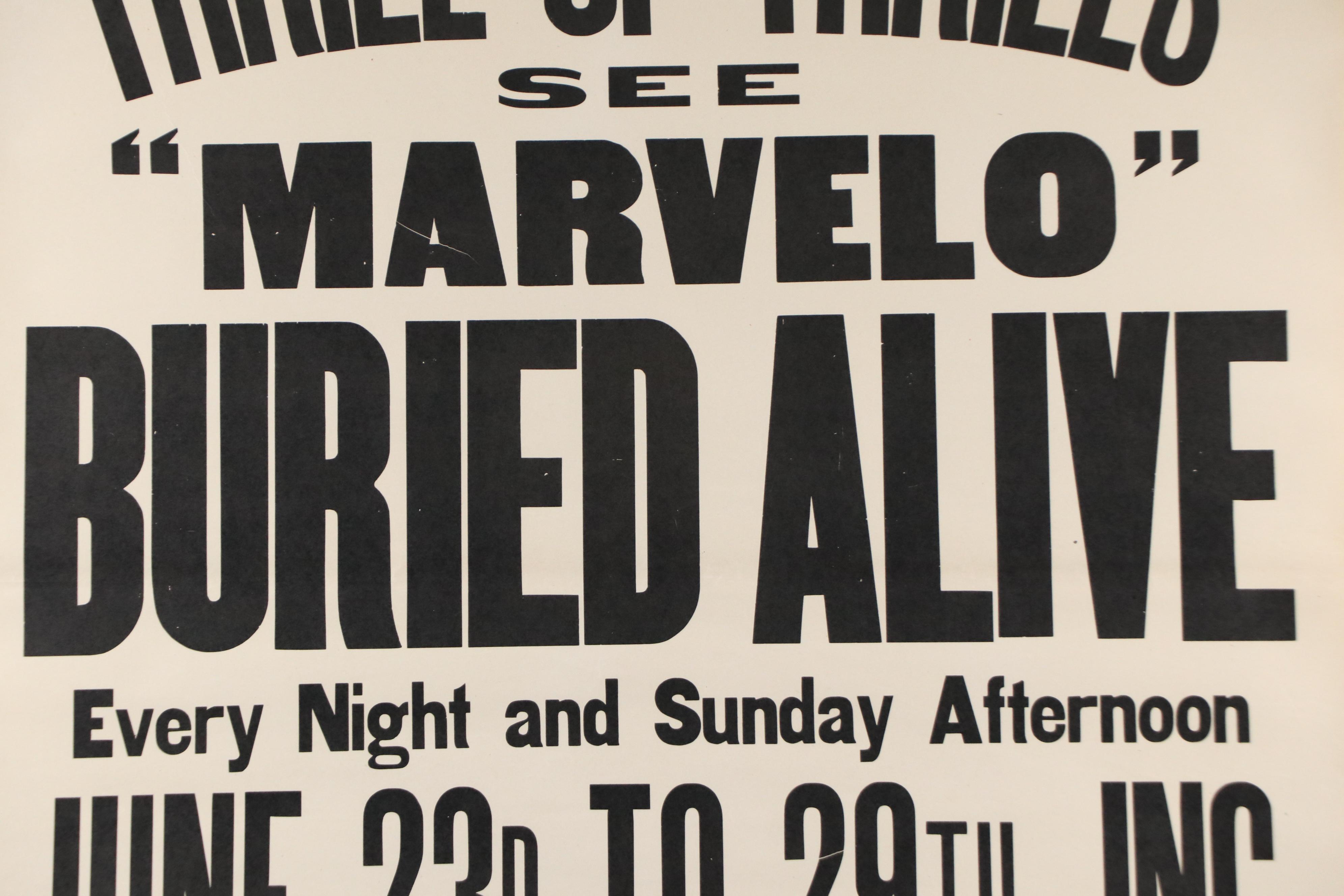 Letterpress Advertisement Print for Lester "Marvelo" Lake "Buried Alive" Act
