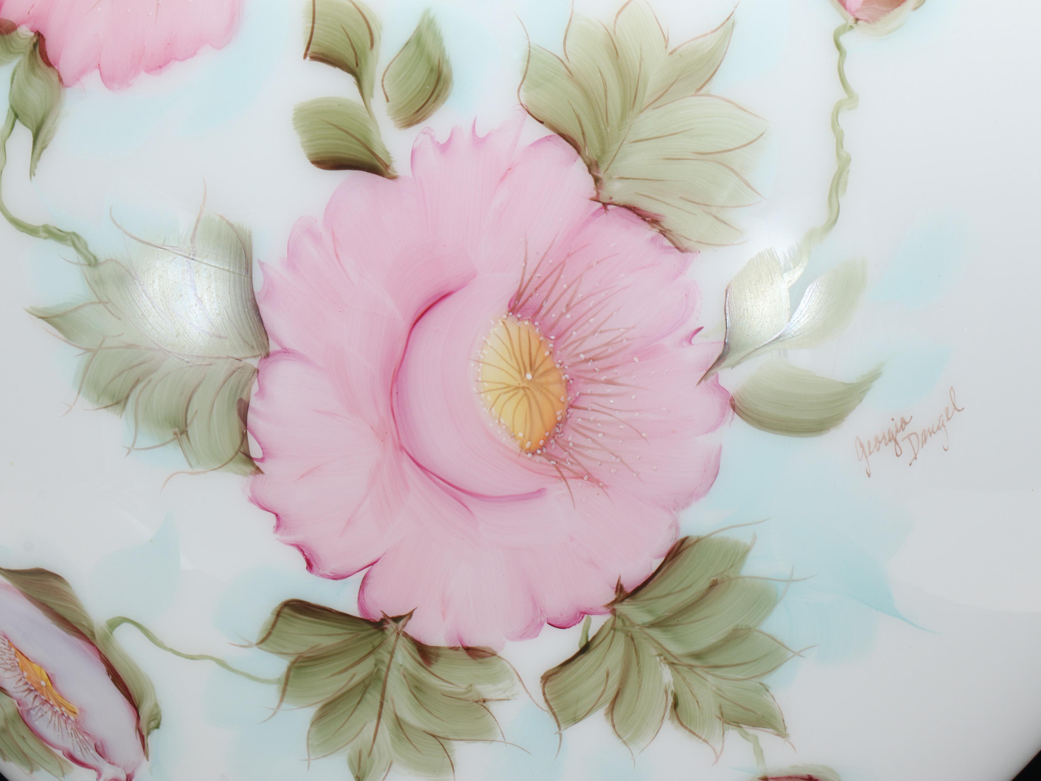 Victorian Style Floral Milk Glass and Brass Parlor Lamp