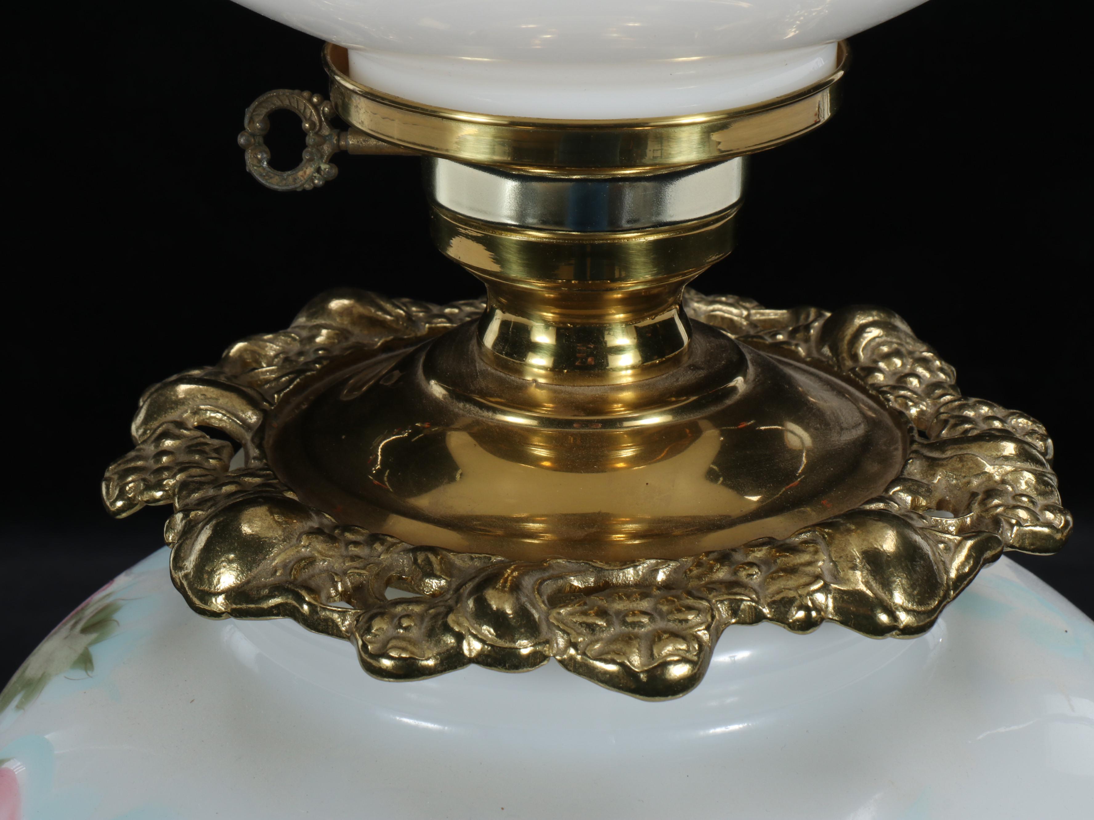 Victorian Style Floral Milk Glass and Brass Parlor Lamp