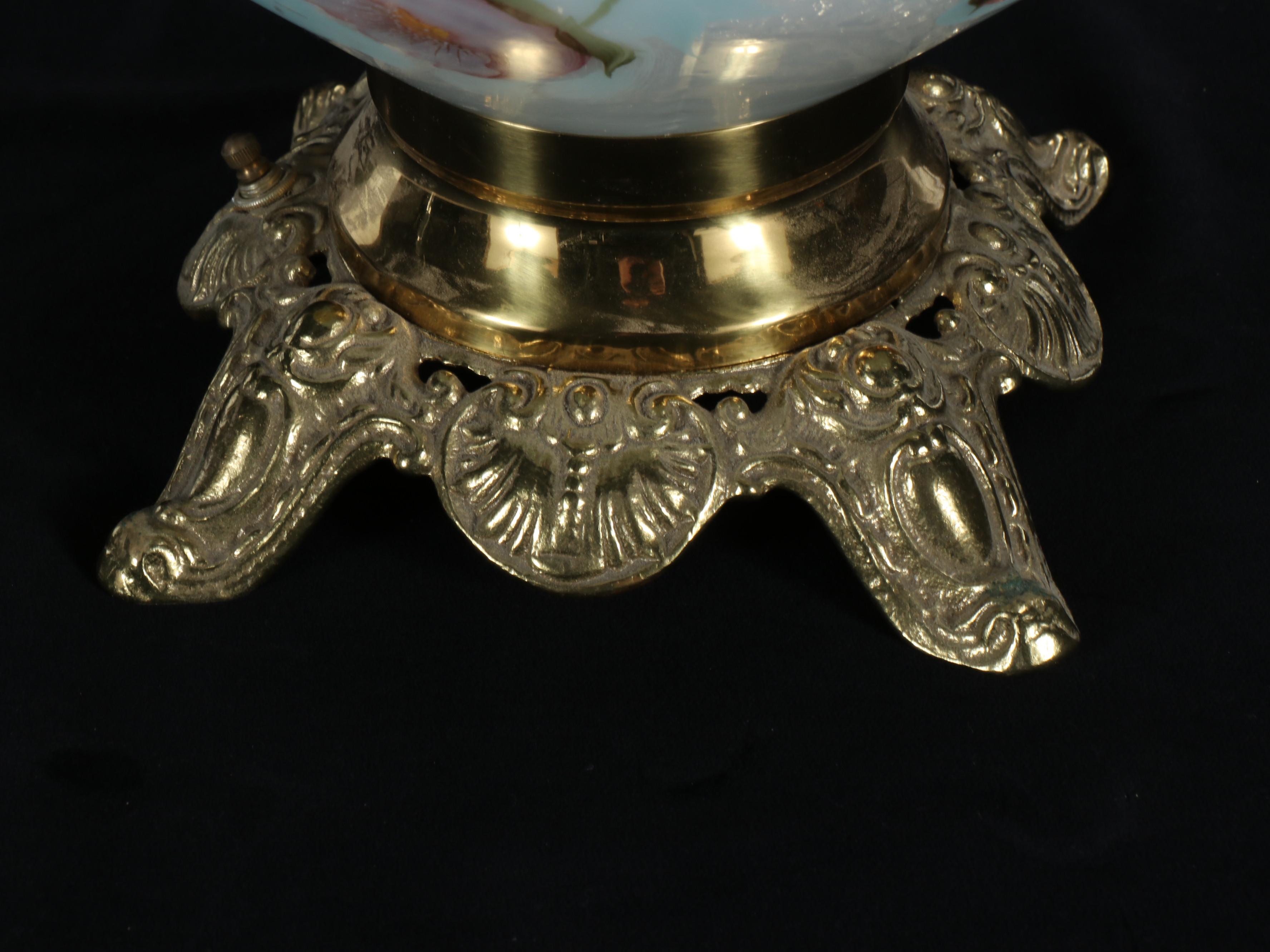 Victorian Style Floral Milk Glass and Brass Parlor Lamp
