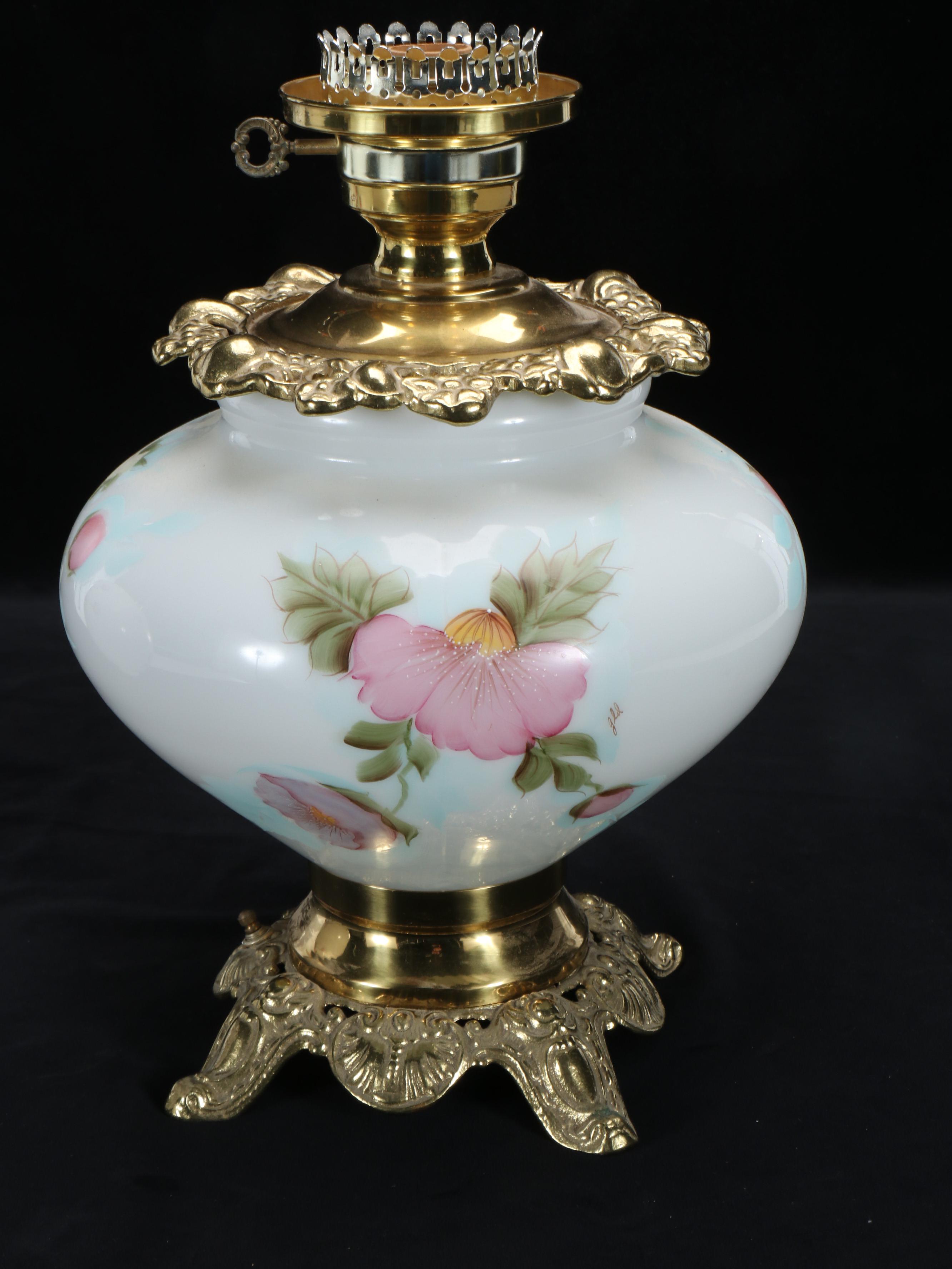 Victorian Style Floral Milk Glass and Brass Parlor Lamp