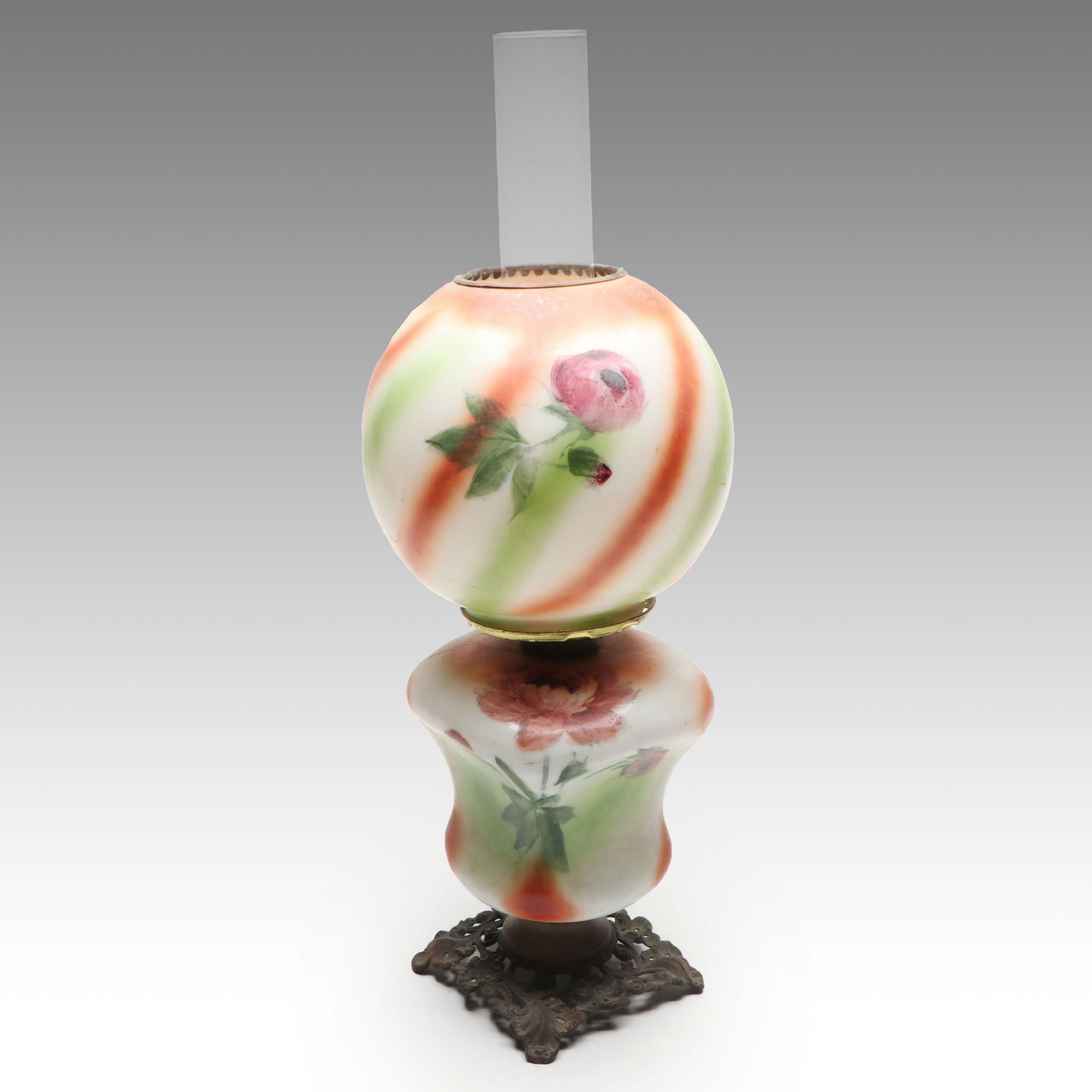 Hand-Painted Milk Glass Kerosene Parlor Lamp, Early 20th Century