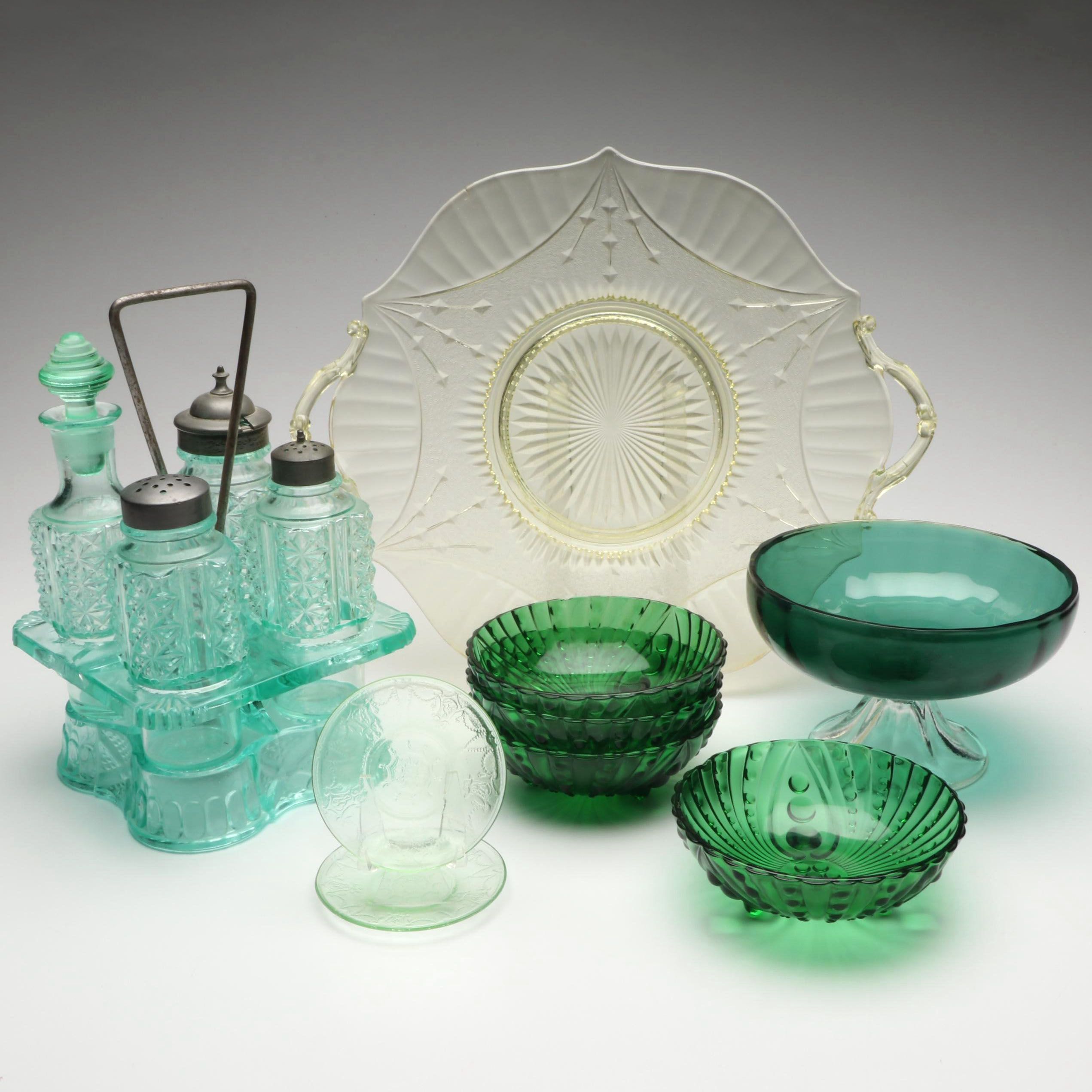 Adams & Co. Blue Uranium Glass Castor Set with Anchor Hocking and More Glass