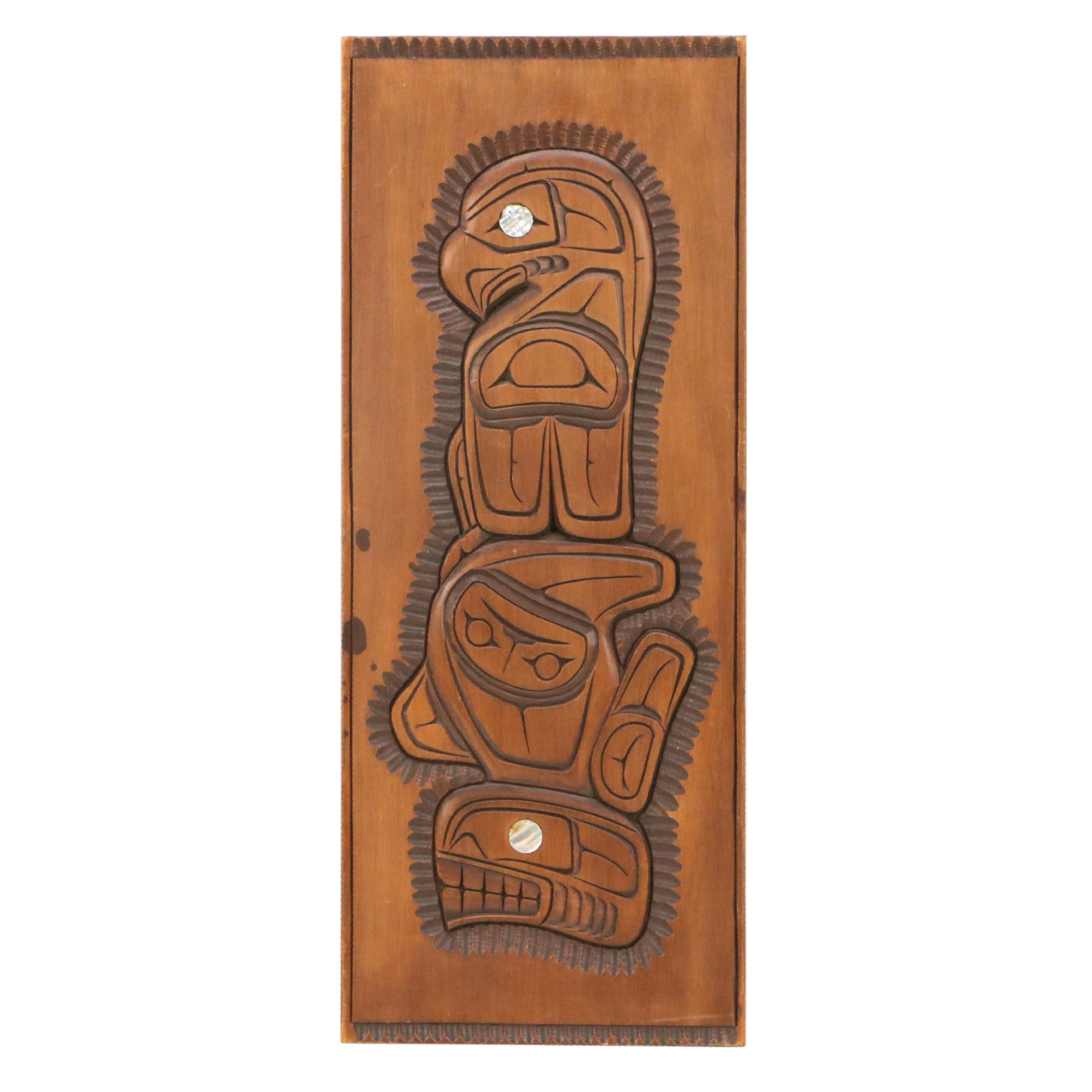 Cliff Delorme Carved Cedar Panel "Eagle + Killer Whale," Mid to Late 20th C.