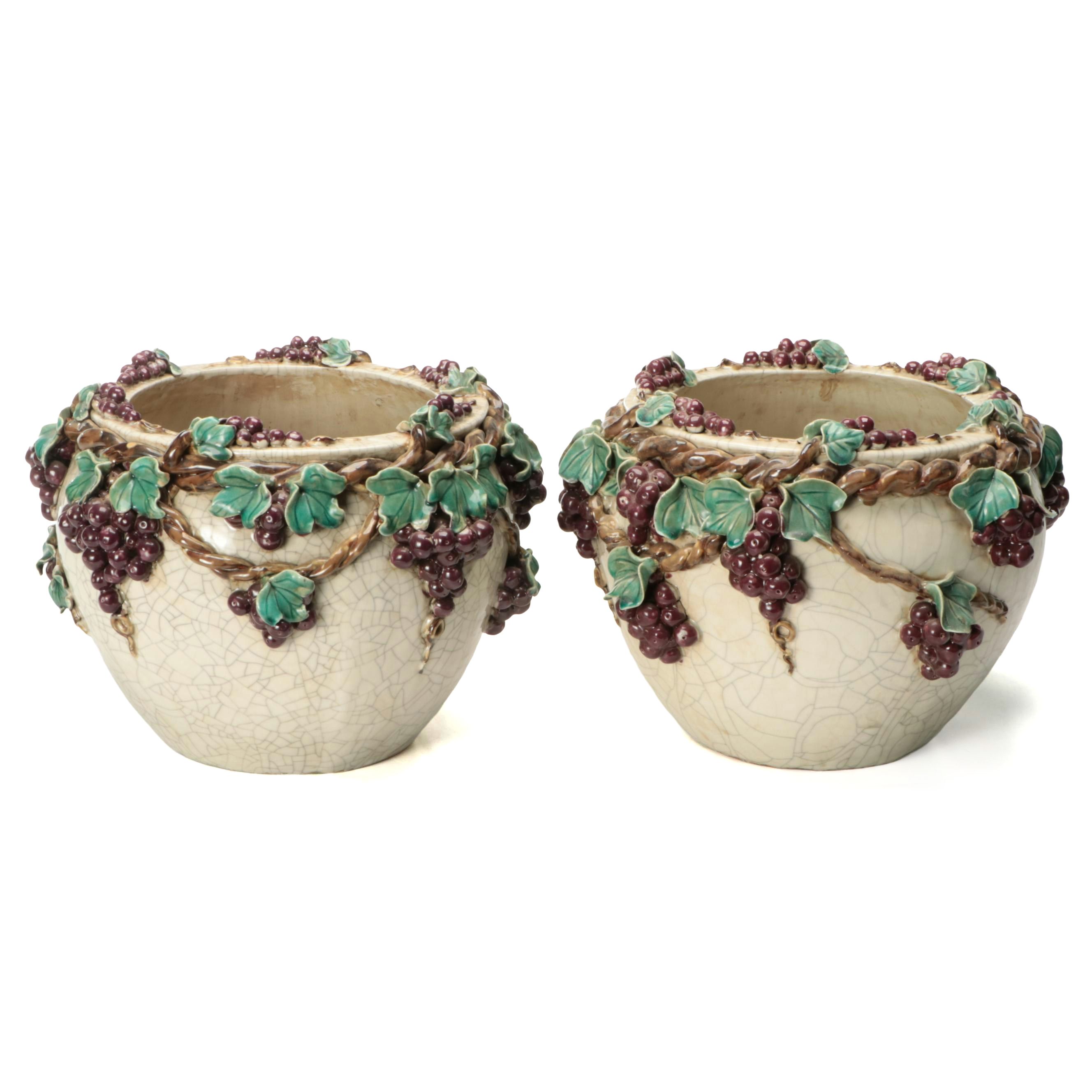 Italian Majolica Grape Cluster Ceramic Planters