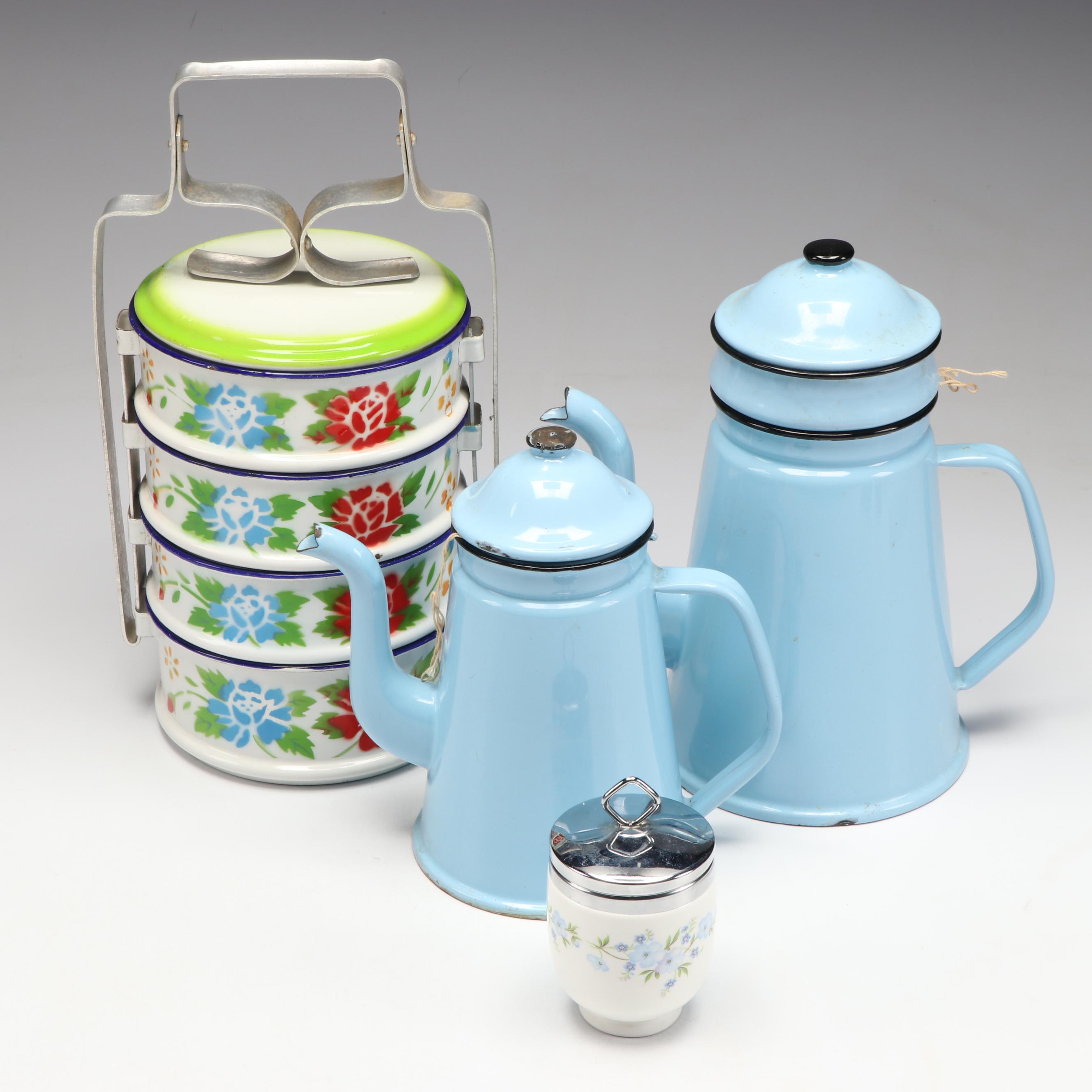 Enamel Tiffin Carrier, Metal Teapots, and Crown Staffordshire Porcelain Jar