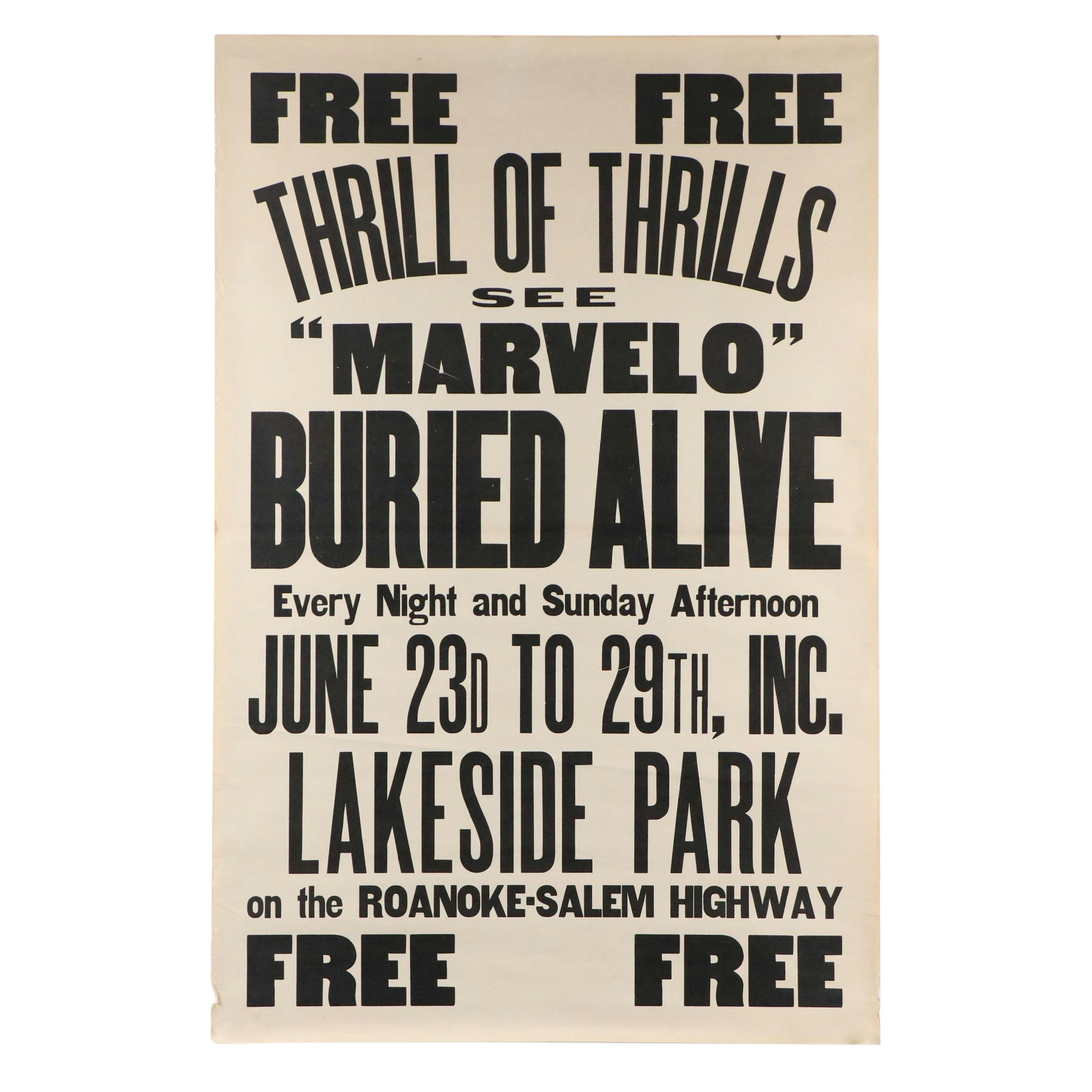 Letterpress Advertisement Print for Lester "Marvelo" Lake "Buried Alive" Act