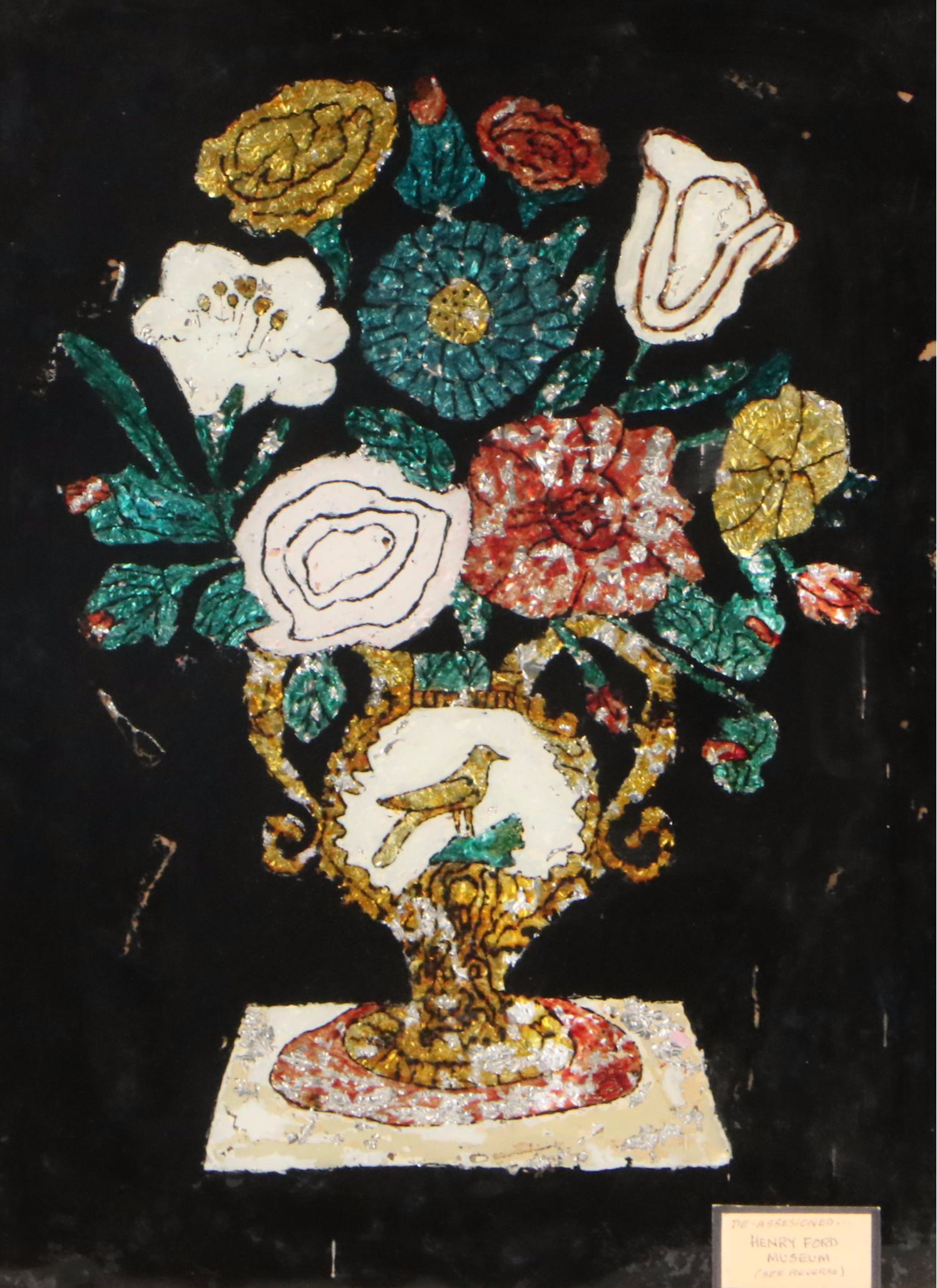 Reverse Glass and Floral Painting of Flowers in Vase, Late 19th Century