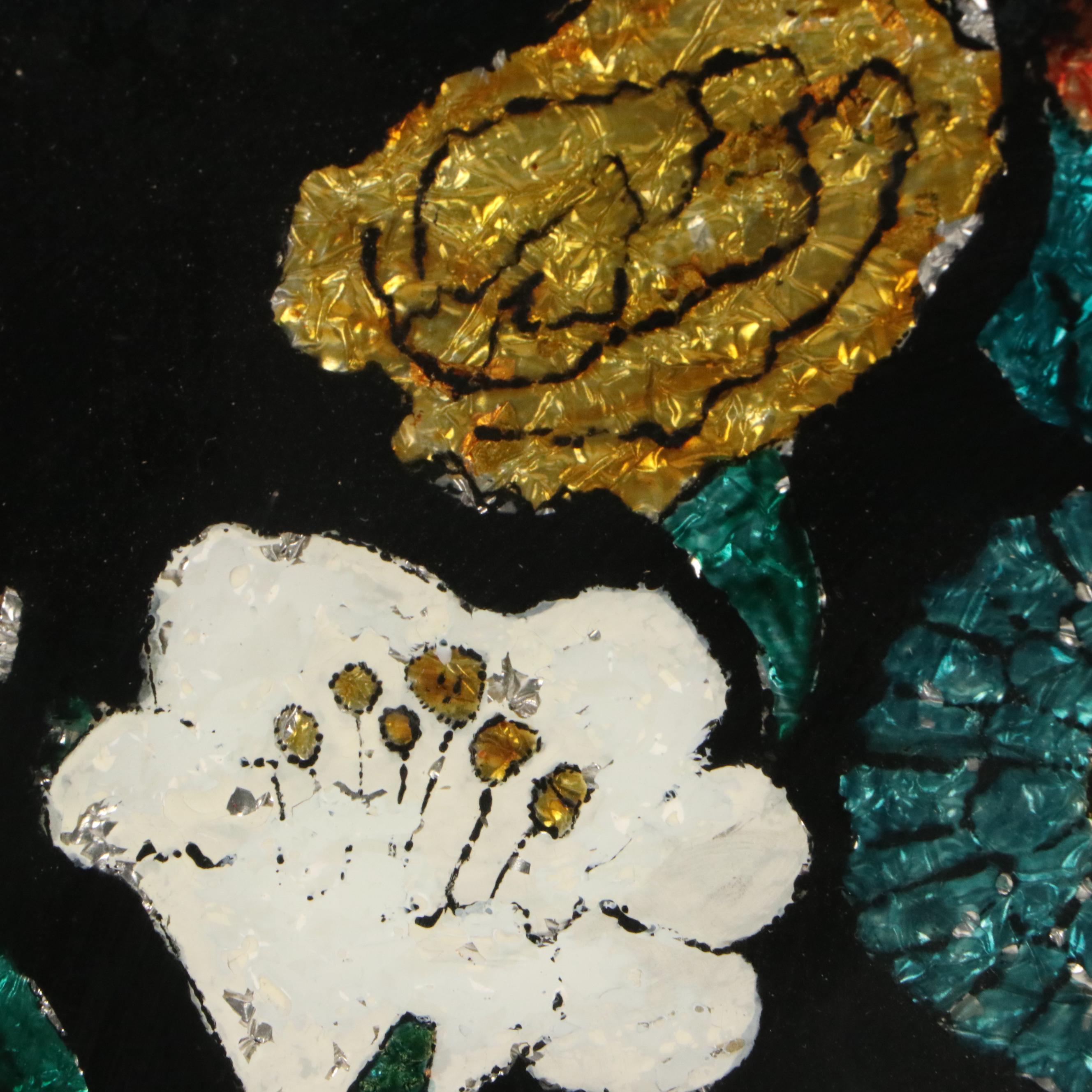 Reverse Glass and Floral Painting of Flowers in Vase, Late 19th Century