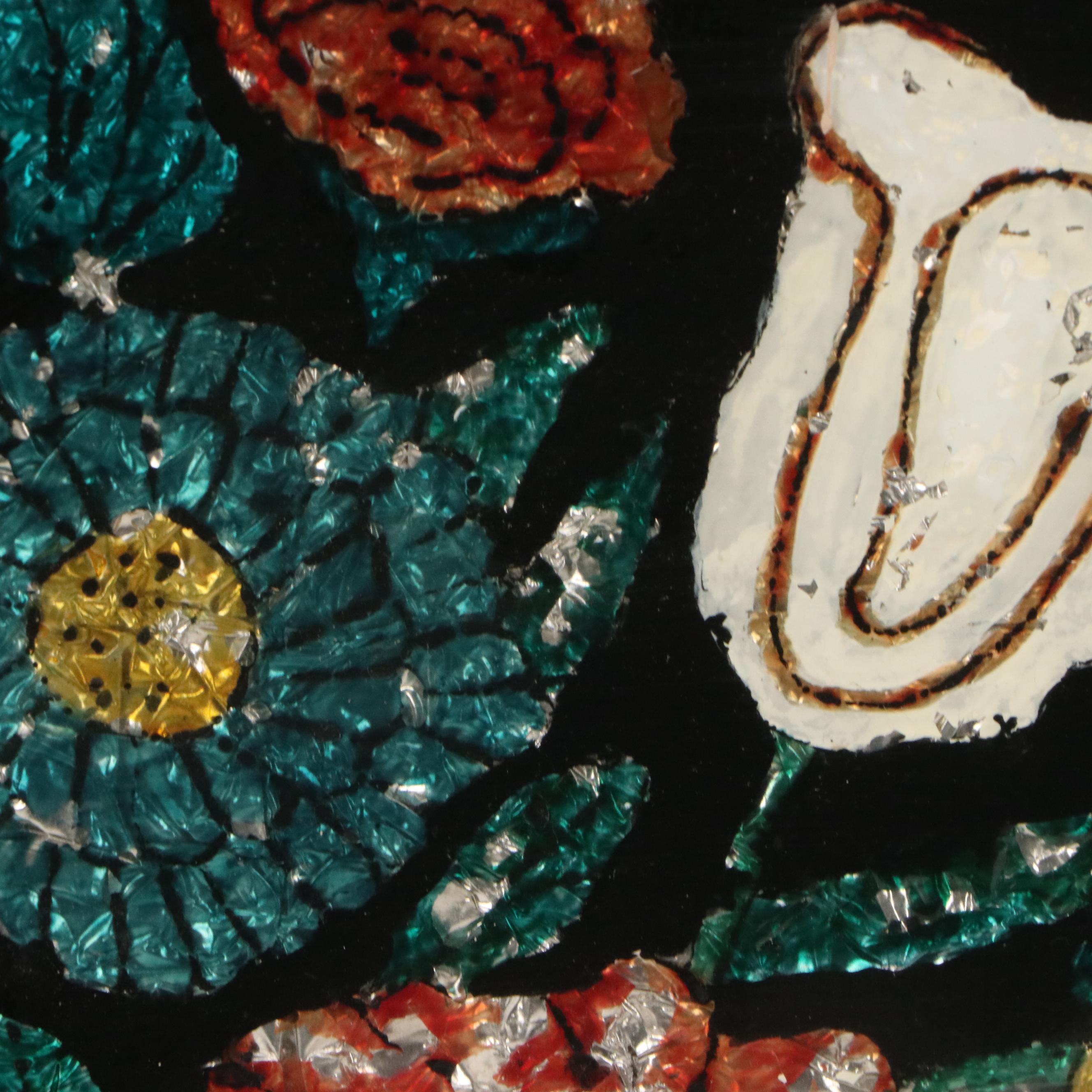 Reverse Glass and Floral Painting of Flowers in Vase, Late 19th Century