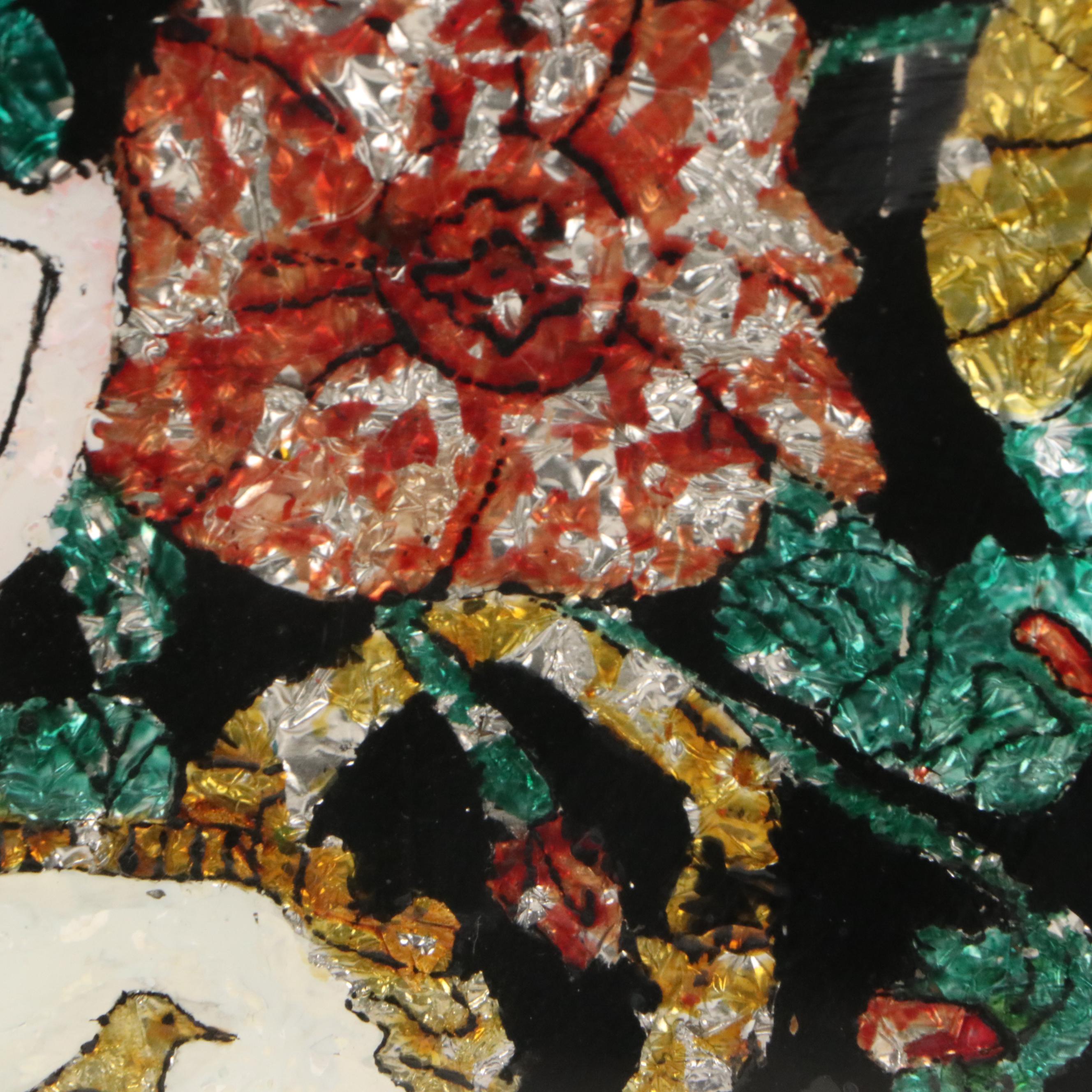 Reverse Glass and Floral Painting of Flowers in Vase, Late 19th Century