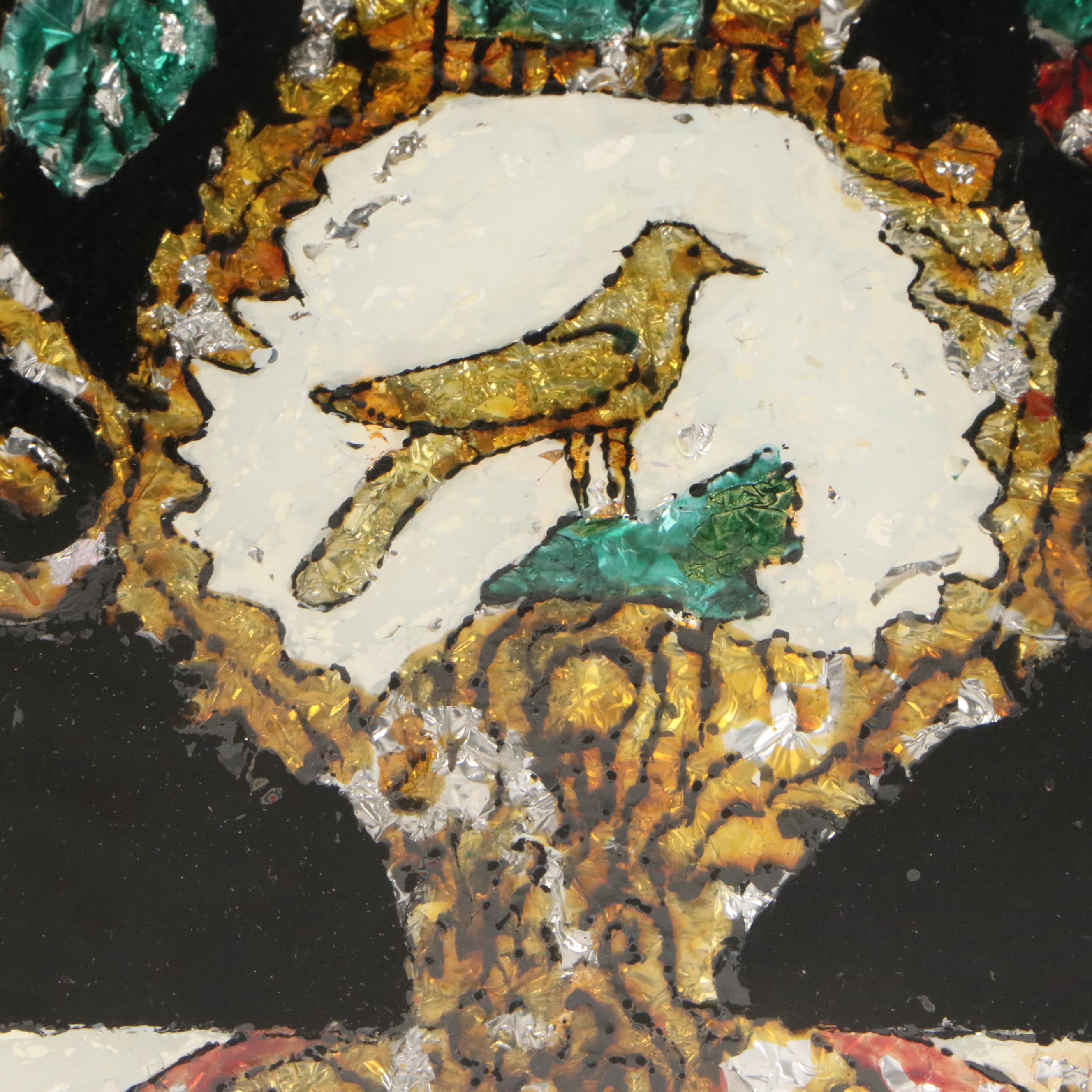 Reverse Glass and Floral Painting of Flowers in Vase, Late 19th Century